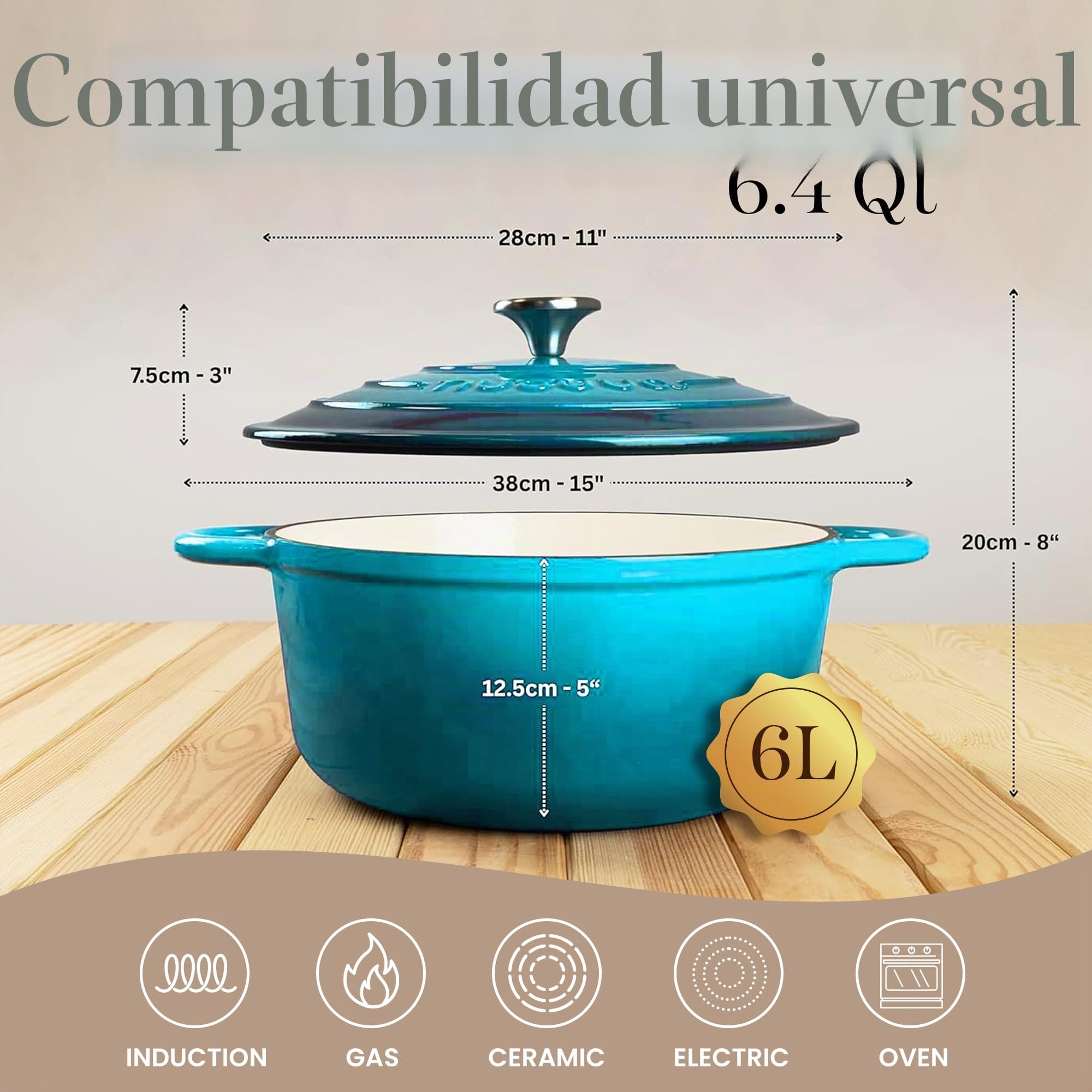 Cazuela de Hierro Fundido con Tapa – Esmaltada, Antiadherente, Apta para Horno hasta 500° F – Ollas Holandesas Robusta – Azul, 6.4 Cuartos, 28cm – por Nuovva