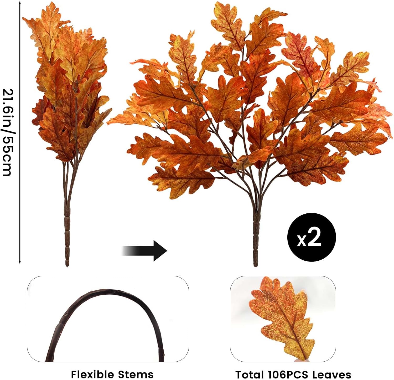 SNAIL GARDEN 2 Pack 21.6in/55cm Artificial Fall Stems with 106 Ombre Leaves,Realistic Autumn Foliage for Vase Fillers, Thanksgiving & Halloween Decor