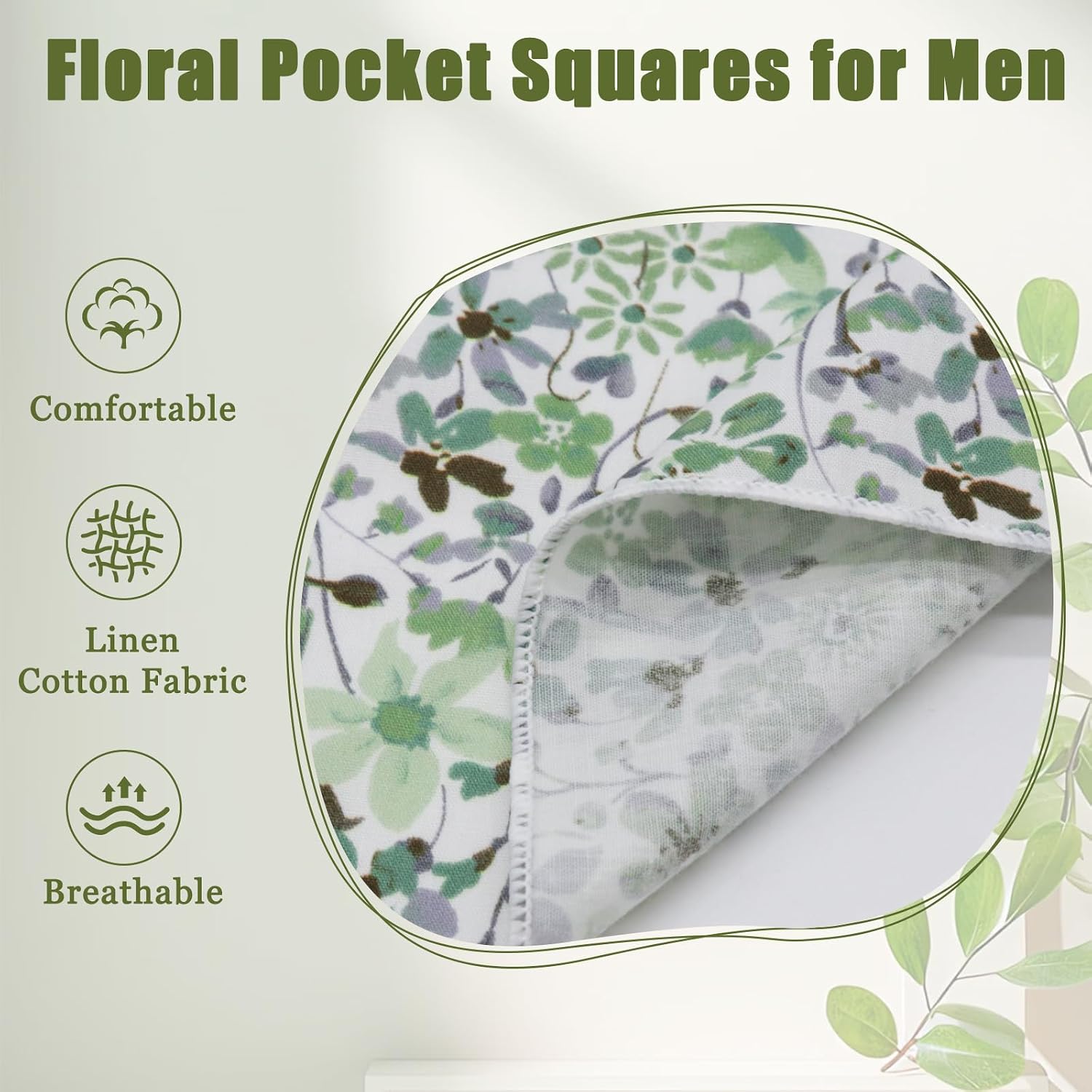 Floral Pocket Squares for Men, Suit Cotton Handkerchief with Holder