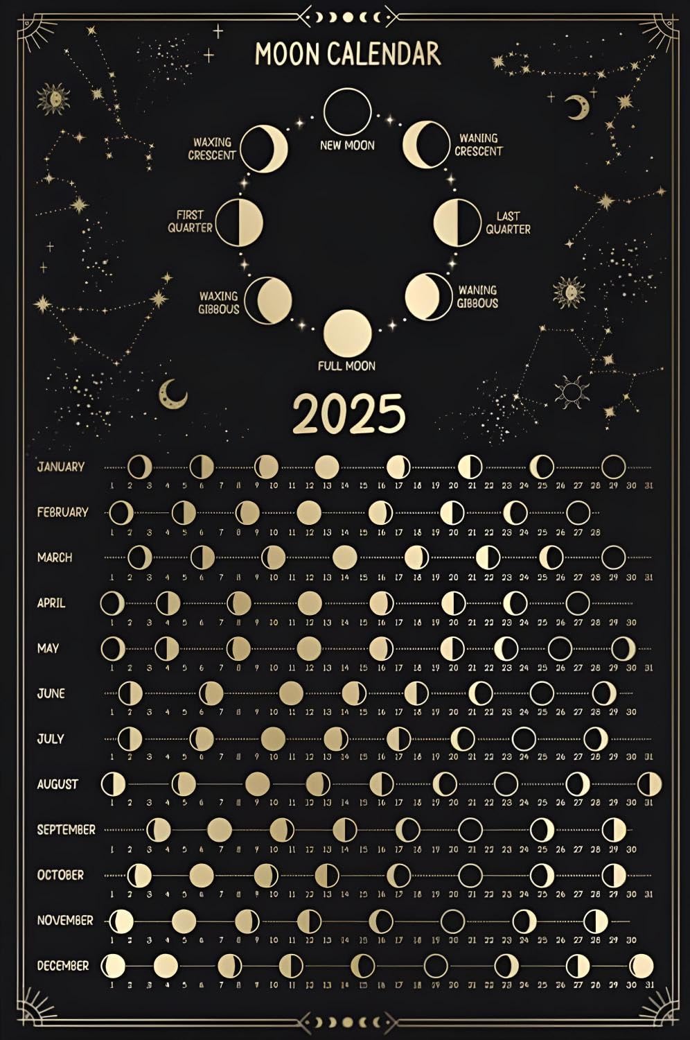 TAMDDBPJD Lunar Phases 2025, Moon Calendar with Zodiac Signs and Celestial Light, Astronomical Wall Chart for Educators and Astrology Enthusiasts(Framed,12x18inch(30x45cm))