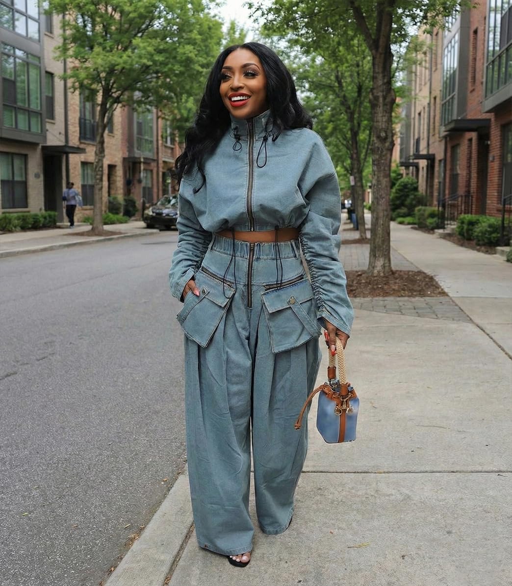 Angsuttc Womens Two Piece Sets Denim Outfit Ruched Long Sleeve Zip Up Cropped Jean Jacket Wide Leg Pants Chic Set - Image 8