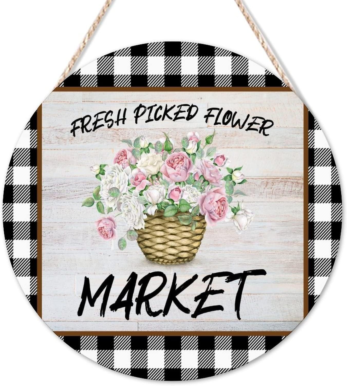 Welcome Sign Fresh Picked Flower Market Round Wooden Sign Buffalo Plaid Rose Flower in Pot Wood Hanging Plaque Summer Floral Vintage Woodshop Garage Wall For Home Restroom Bathroom Toilet 14x14in