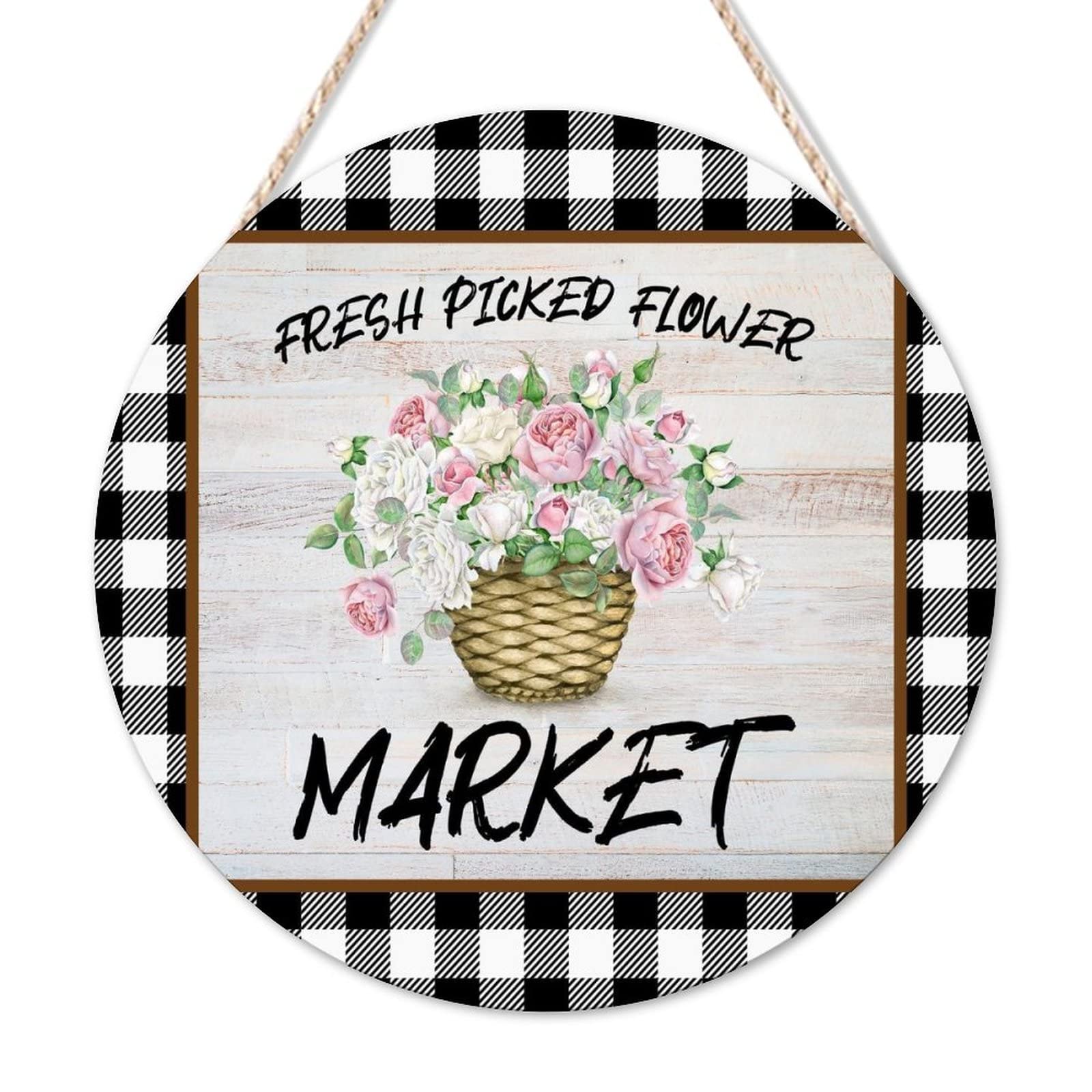 Welcome Sign Fresh Picked Flower Market Round Wooden Sign Buffalo Plaid Rose Flower in Pot Wood Hanging Plaque Summer Floral Vintage Woodshop Garage Wall For Home Restroom Bathroom Toilet 14x14in