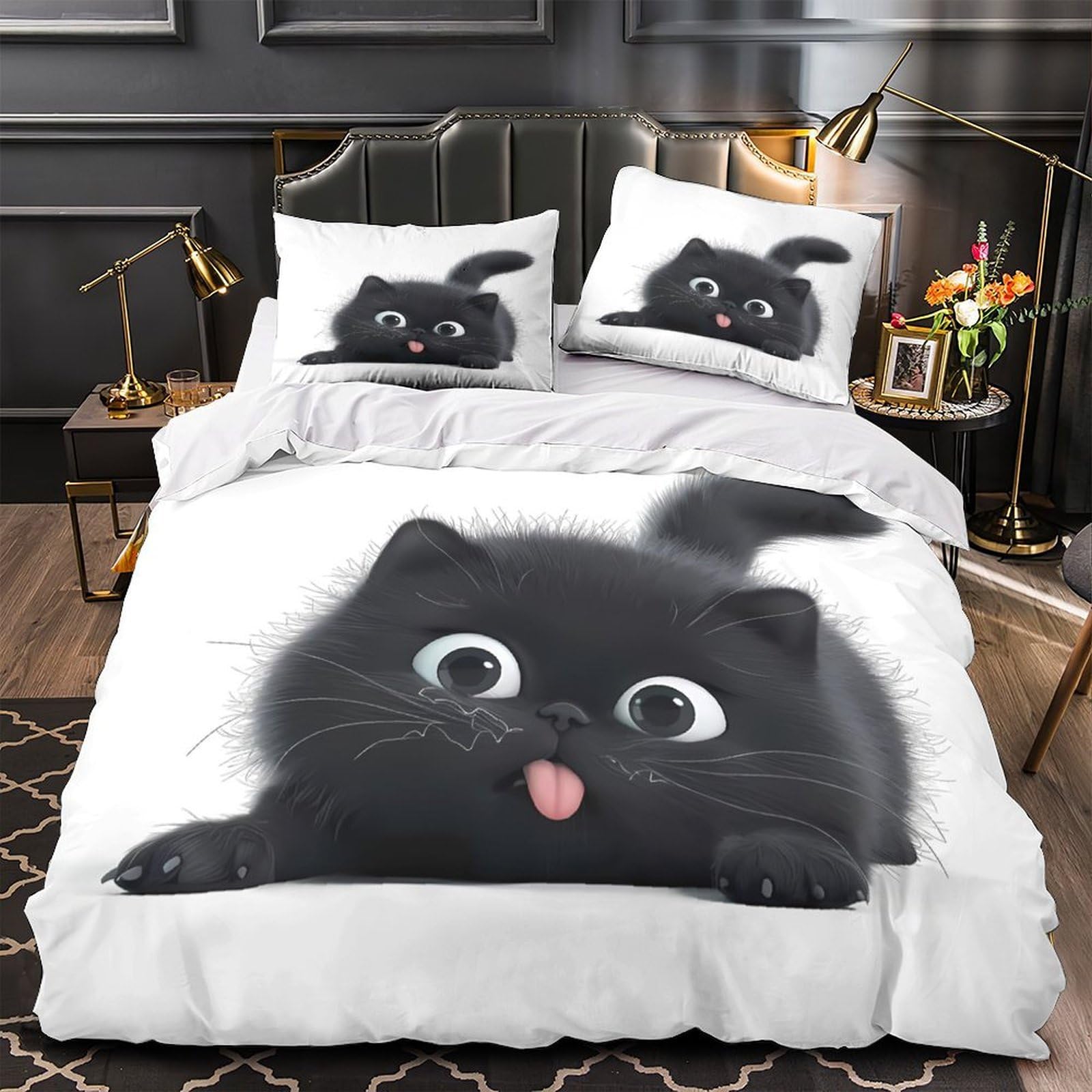 MMDASBVPE Cute Black Kitten Duvet Cover 3D Print Wrinkle-Resistant 3-Piece Bed Set Hidden Zipper Comforter Cover Premium Durable for Teens Adults Kids Women Girls Boys Youth King（220x240cm）