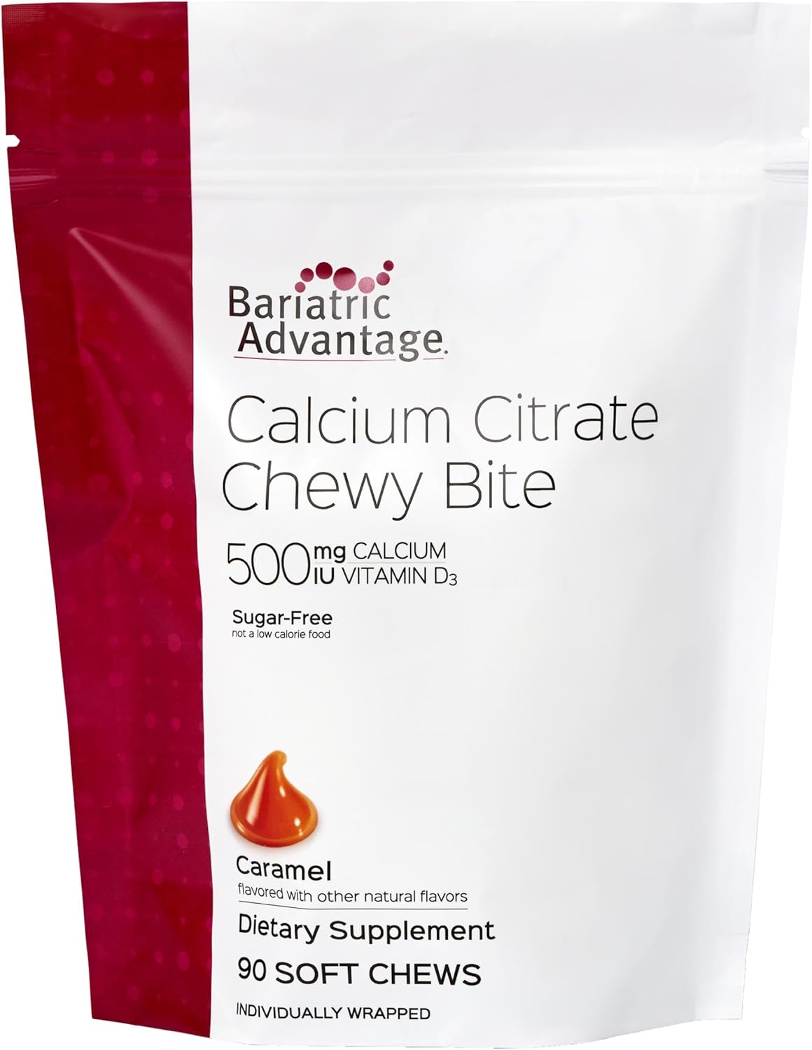 Bariatric Advantage Calcium Citrate Chewy Bites 500 mg - Highly Absorbable & Digestible - Vitamin D3 - Easily Chewable Calcium Supplement - Caramel Flavor - 90 Count