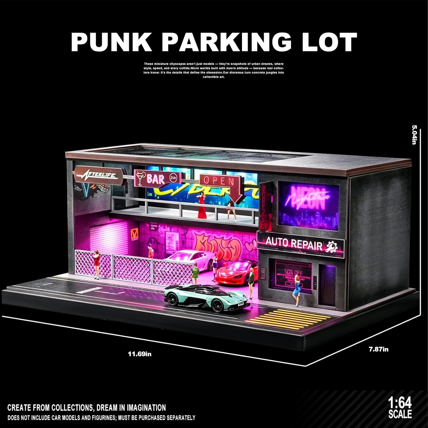 1/64 Scale Cyberpunk Neon Garage Diorama, LED Lighted Miniature Street Auto Repair Bar Scene Model, Diecast Toy Car Parking Display Building