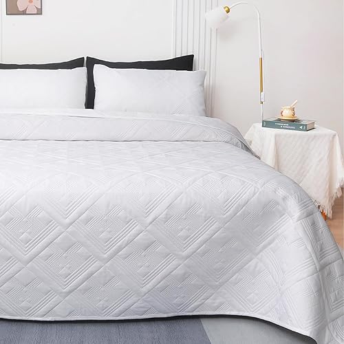 Juego de ropa de cama de 3 piezas, tamaño Queen, color blanco, colcha ligera y suave, manta acolchada de microfibra para todas las estaciones,
