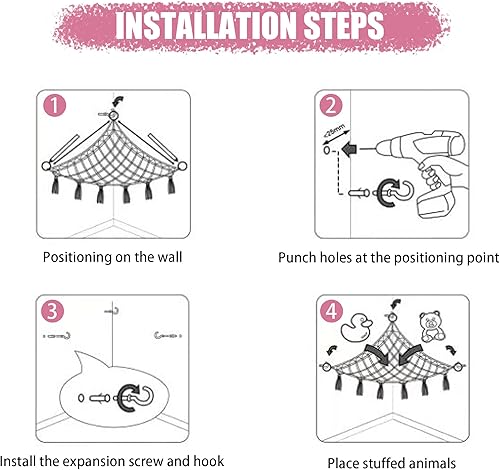 Miniatura 7 de Stuffed Animal Hammock with LED Light, Large Stuffed Animals Storage Corner Plushie Net for Kids Room Decor, Pink Rosado