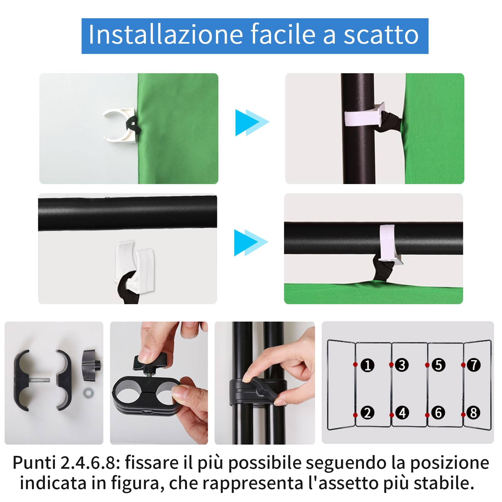 2,4 x 5 m professionale, portatile, grande sfondo verde Chromakey con cornice, sistema di supporto per foto di studio video, trasmissioni live, feste, palcoscenico