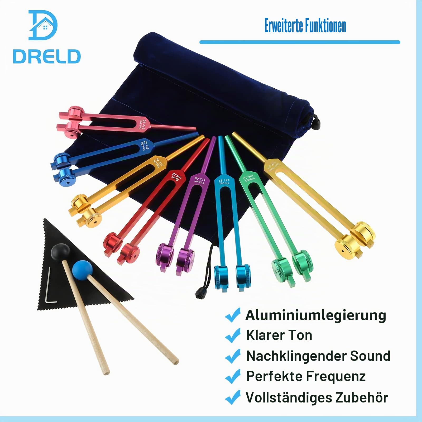 DRELD Chakra Stimmgabel Set. 7 Chakra und 1 Seelenzweck gewichtete Stimmgabel Solfeggio Stimmgabel set mit 2×Silikonhammer. 1×Tasche. 1×Reinigungstuch für Heilung Klangtherapie Vibration (Bunt. 8 STK)