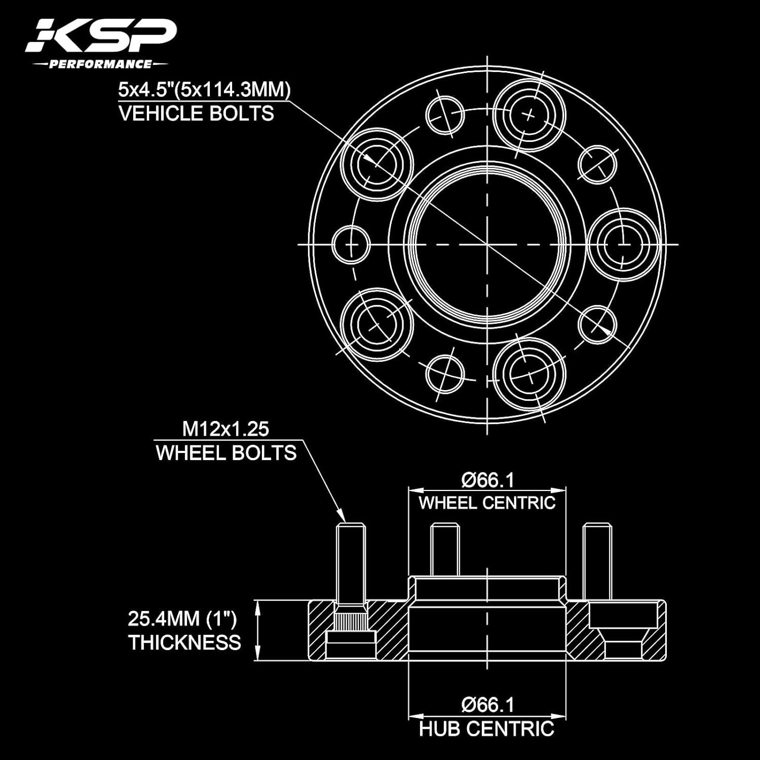 KSP 5x114.3 Wheel Spacers for Nissan 350Z 370Z, 5X4.5(1inch 4pcs) Forged Spacer Fit Infinit G35 G37 FX35, 25mm Thick M12x1.25 Thread Pitch 66.1mm Hub Bore Wheel Spacer for Altima Maxima