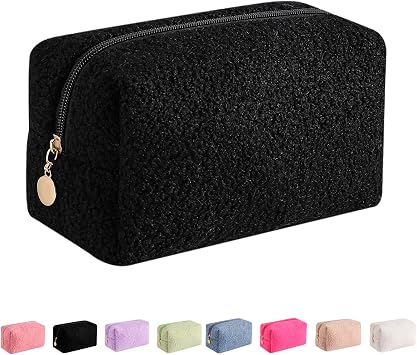 JOVAKIT Travel Makeup Bag Cosmetic Bag for Women, Fashion Christmas Gifts, Plush Zipper Make Up Pouch, Large Capacity Toiletry Organizer Makeup, Portable Storage Bag Trendy Stuff Black