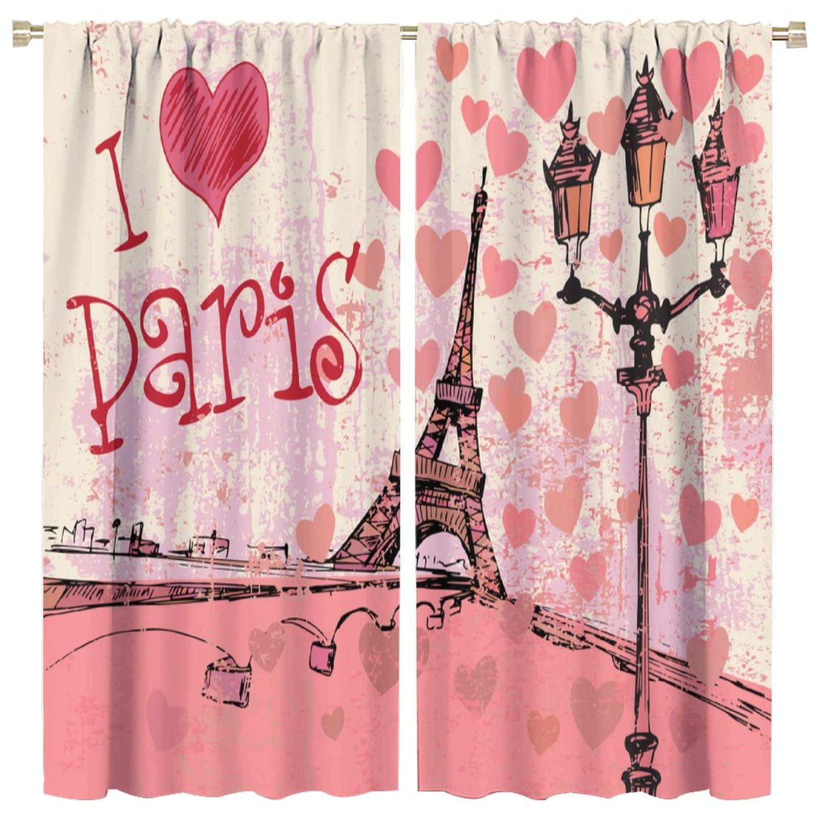 JESTRONRY Eiffel Tower Paris Window Curtains,City Pink Romance Graffiti Style Room Darkening Door Window Rod Pocket Curtain for Living Room Bedroom Kitchen Bathroom,2 Panel Set W52xL84in
