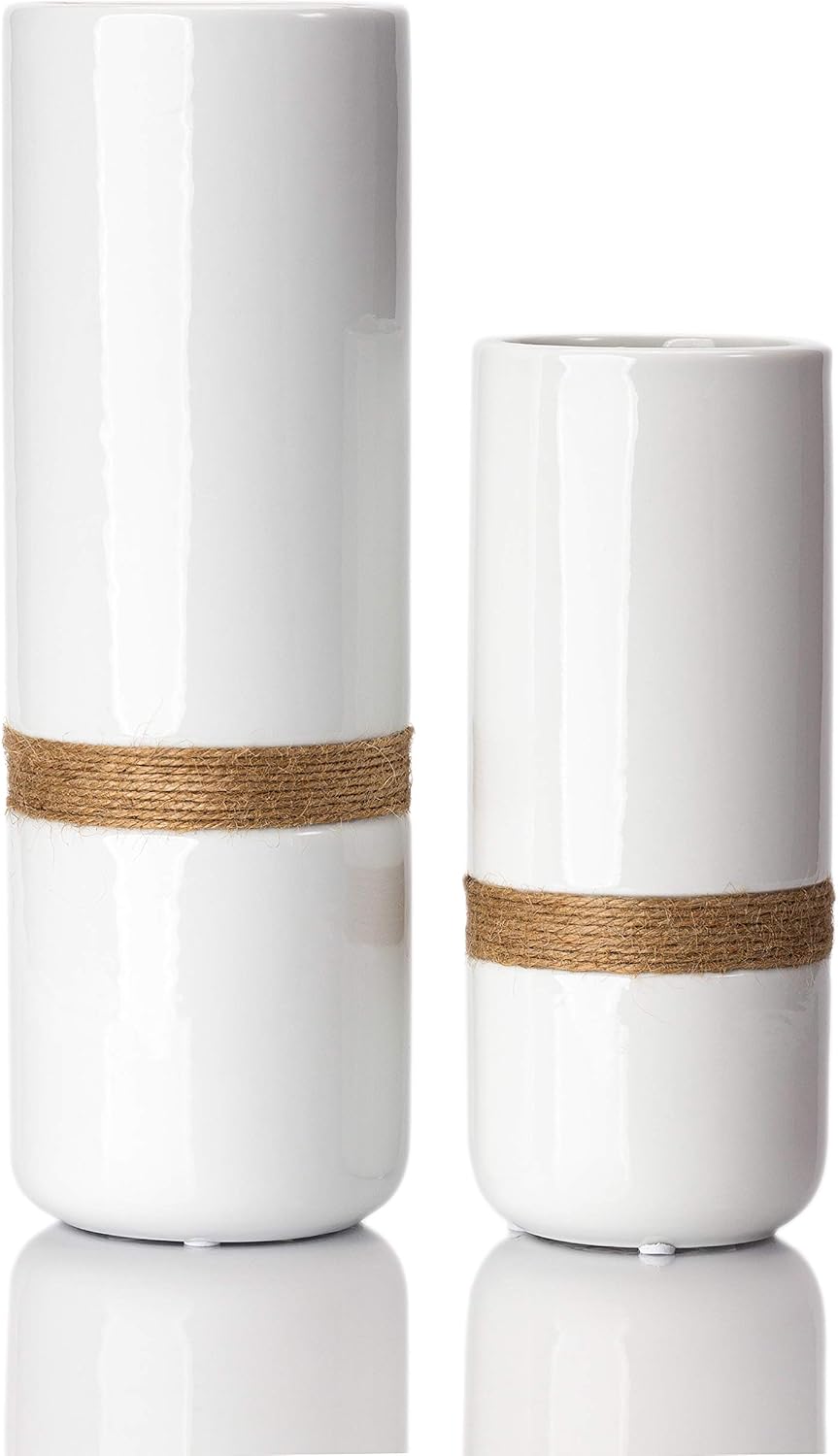 Jasius White Flower Vase Set - Elegant White Vases for Decor with Rustic Boho Rope Accent, Non-Scratch Base - Decorative Minimalist Vases for Flowers, Home, Office, Living Room, Kitchen - 2-Piece
