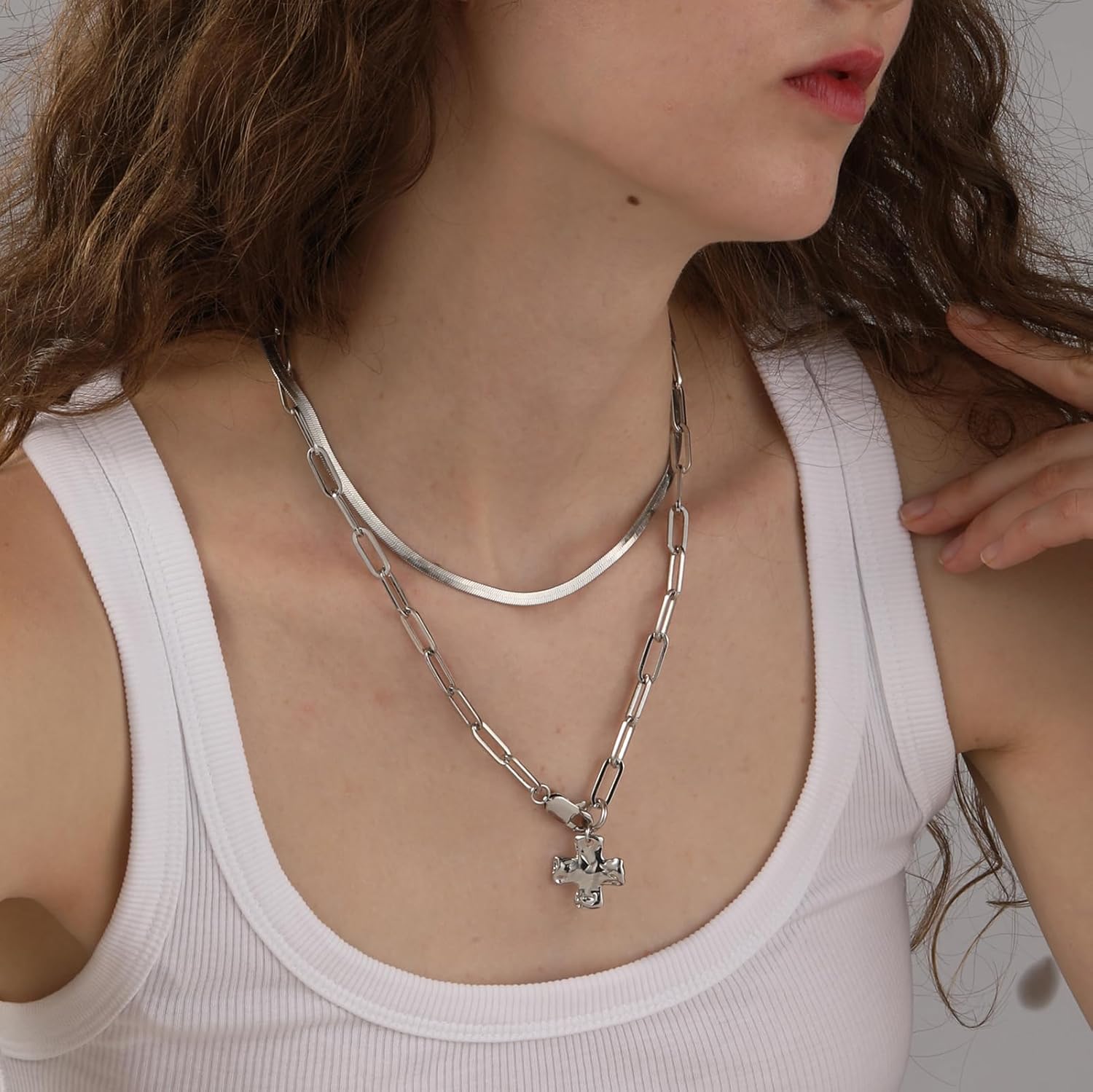 Chunky Cross Necklace for Women Trendy Gold Silver Layered Statement Cross Pendant Charm Necklace Vintage Paperclip Herringbone Snake Choker Chain Costume Jewelry Set Gift Non Tarnish - Image 3