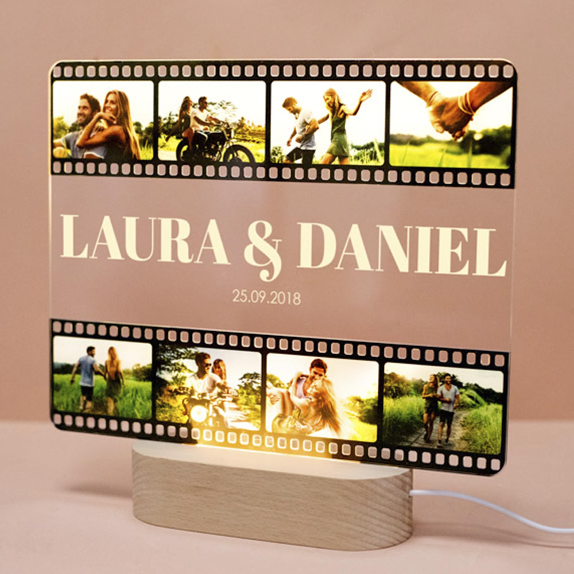 Made in Gift Lámpara de Metacrilato Personalizada con Foto y Texto con Base de Madera con Cable USB con Luz como Regalo Original Romántico para Parejas o Aniversarios