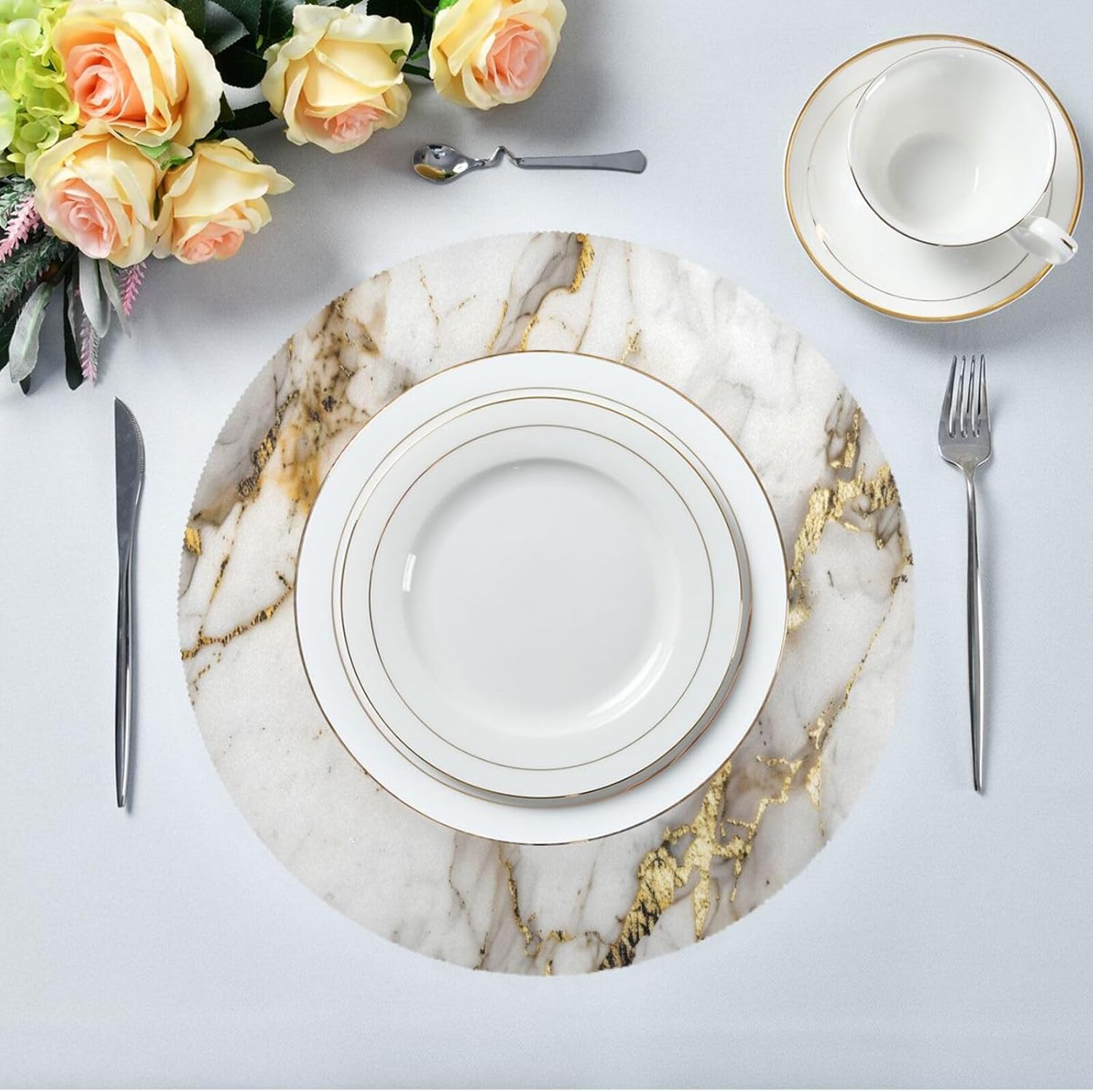 White Gold Marble Texture Round Placemats 15 inch Non-Slip placemats Set of 6 Washable Heat-Resistant Table Mats for Dining Table Kitchen Party Decoration