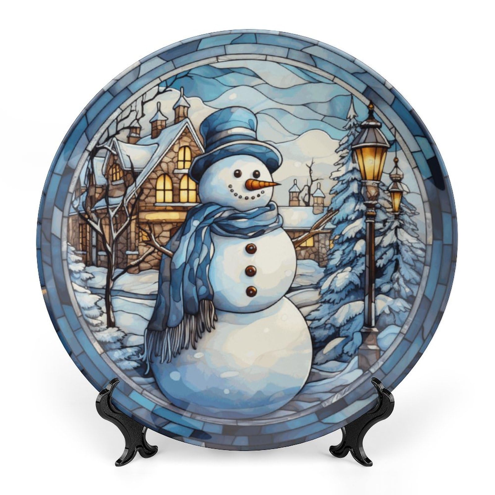 Gokays Cute Snowman Decorative Plates Christmas Home Decor, Blue Stained Glass Style Ceramic Plates Display for Living Room, Kitchen, Hallway Console Side Table, Xmas Present, 10 Inch