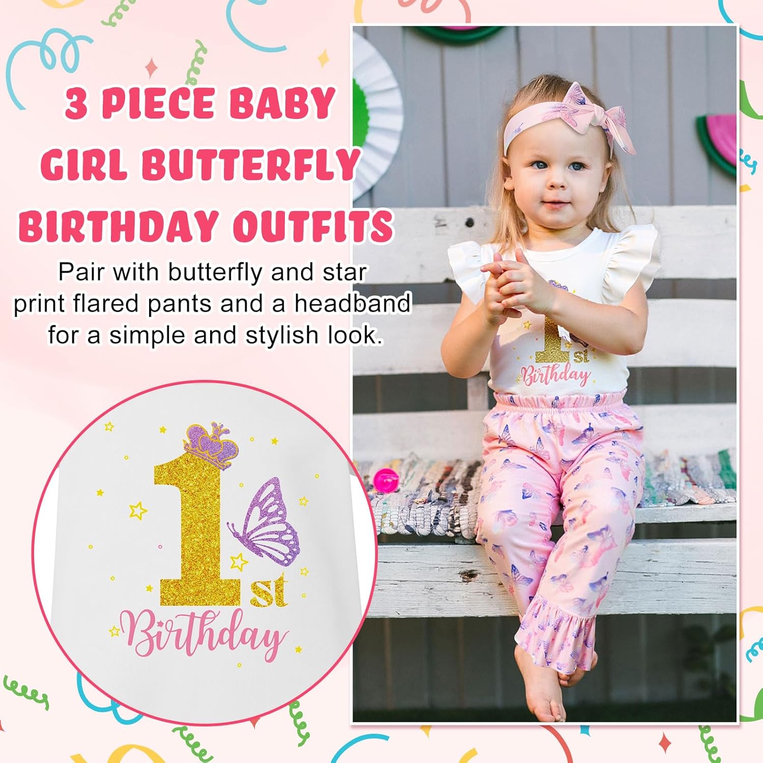 Baby 1st Birthday Outfit Girl One Year Old Clothes Butterfly Romper Flared Pant Headband Set for Little Girl Gifts - Image 5