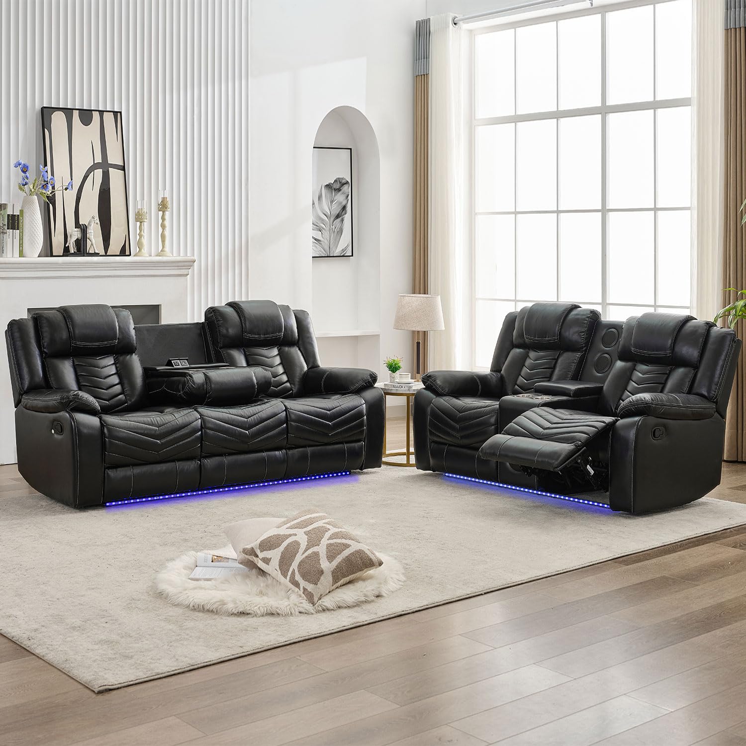 Manual Recliner Sofa Set with Wireless Charger for Living Room, Leather 3 Seater Reclining Sofa and Loveseat Seating Couch with Bass Speakers, LED