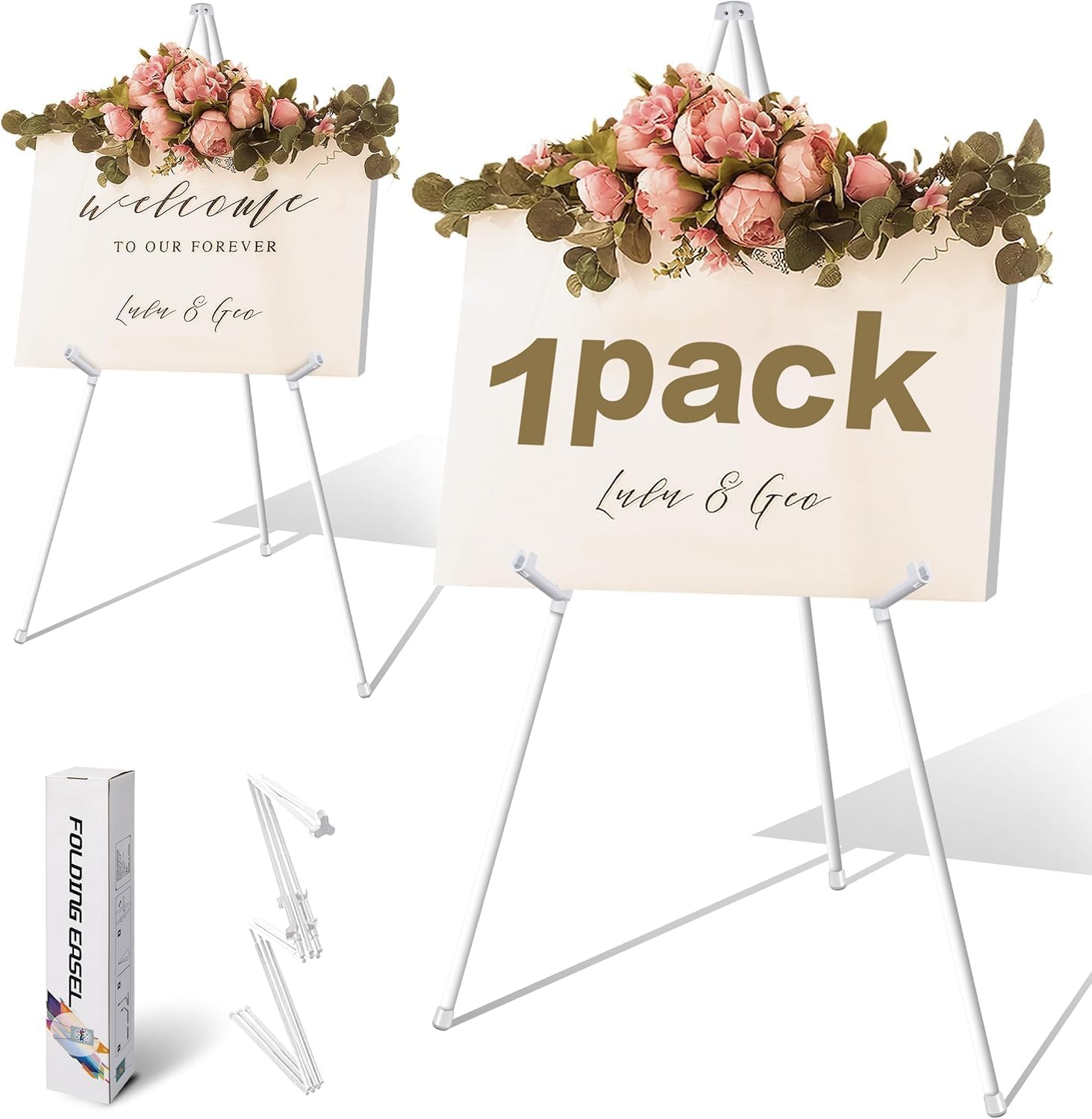 VAIIGO White Easel Stand for Wedding Sign Poster Display Easel Foldable Art Easel for Floor Adjustable 168cm Metal Easel Instant Tripod Easel for Display Painting Wedding Shower Sign Easel (1Pack)