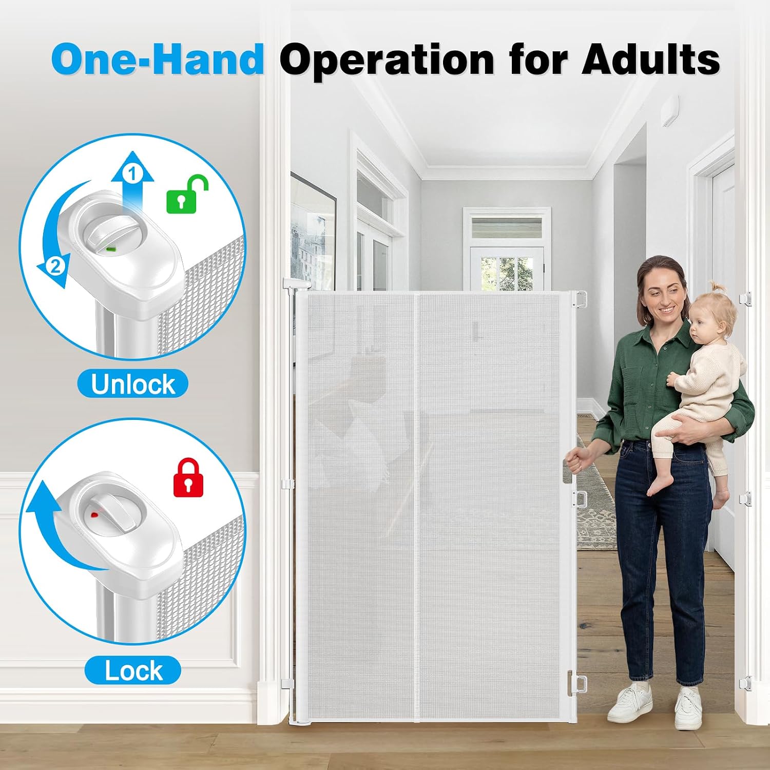 Reinforced 65" Extra Tall Baby Gate for Doorway, Jump-Resistant & Prevent Crawling Underneath Retractable Dog Gates Extra Tall, 0-55" W Retractable Pet Gate for Pet, Dogs, Cats, Puppies, Babies, White