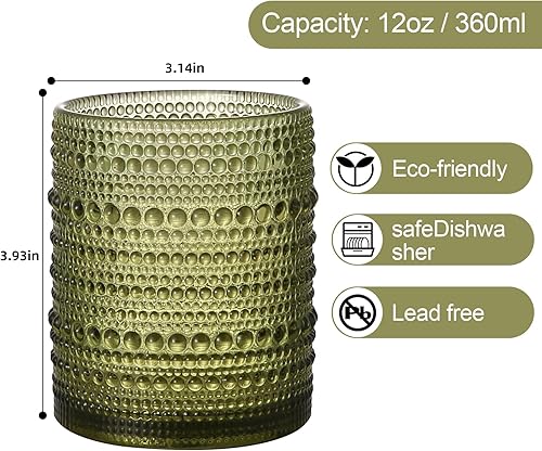 Miniatura 2 de Juego de vasos de vidrio vintage de 6 vasos de vidrio de hobnail de 12 onzas, vaso de agua verde en relieve, para cerveza, cóctel, whisky, jugo y