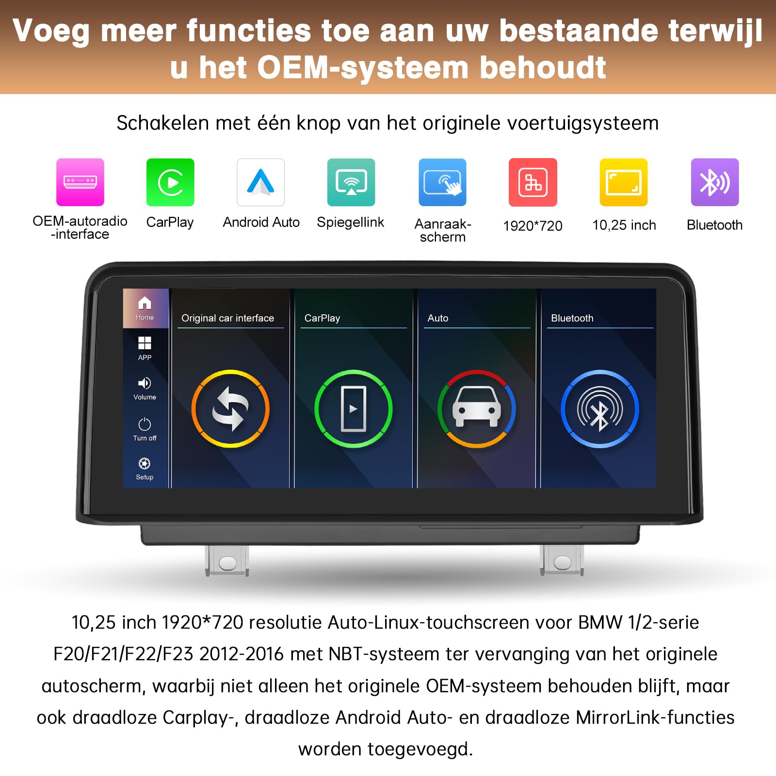 Écran Carplay sans Fil de 10,25 Pouces pour Voiture pour BMW Série 1 2 F20/F21/F22/F23 2012-2016 Année Système NBT Récepteur Audio multimédia de Voiture Support Siri/Caméra arrière/Bluetooth