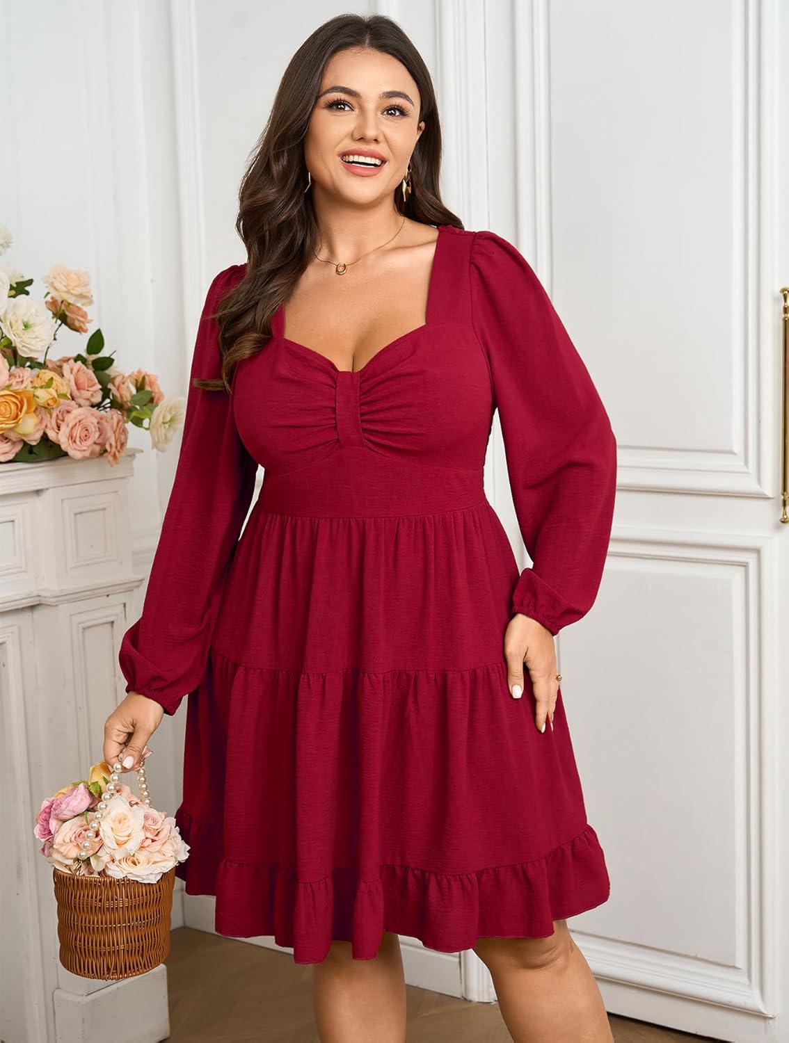 SCOMCHIC Women's Plus Size Dresses Cocktail Long Sleeve Sweetheart Neckline A Line Boho Cute Flowy Fall Mini Short Dress - Image 2