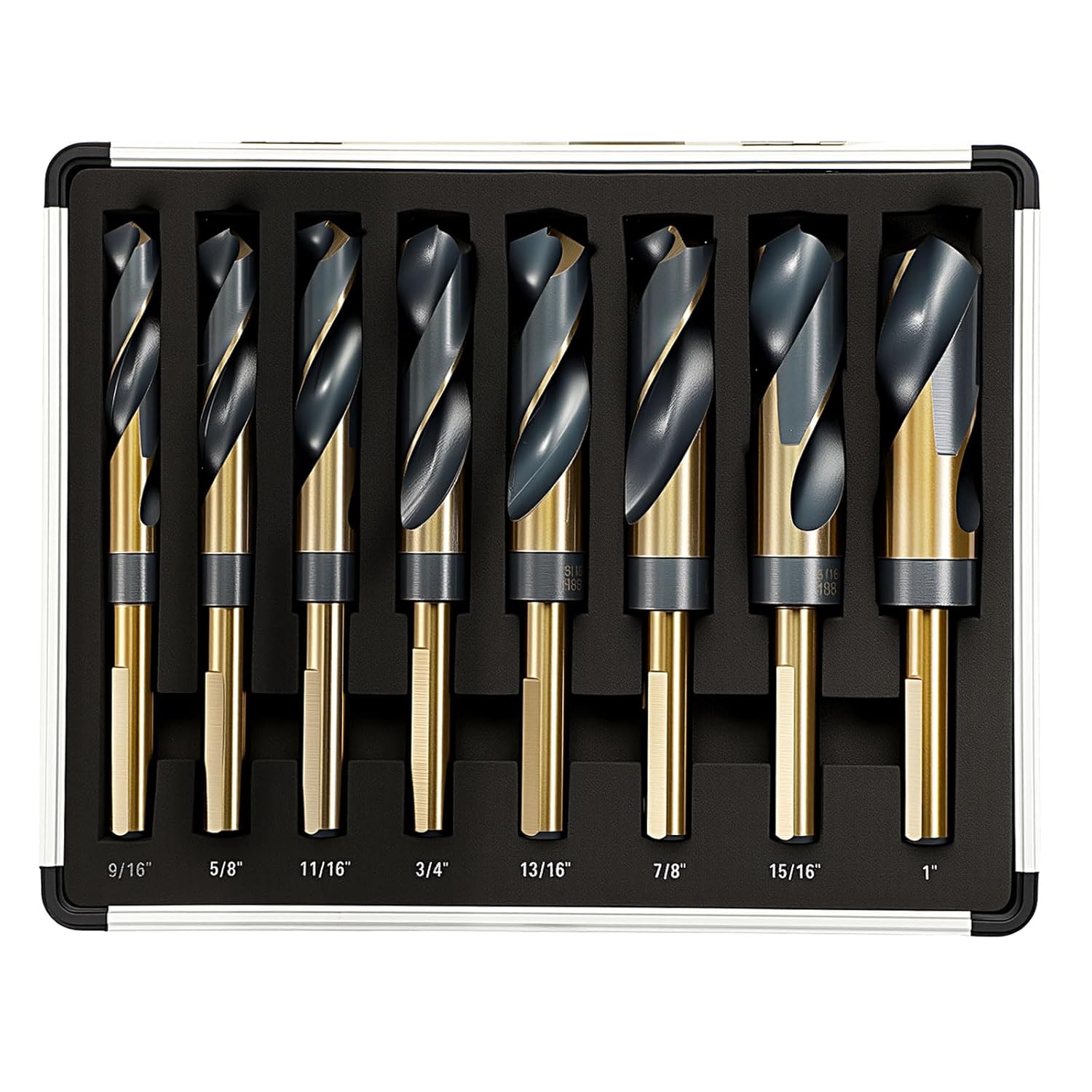PATIKIL 9/16"-1" Drill Bit Set Reduced Shank 3-Flat Bits Kit M2 High-Speed Steel for Metal Steel Wood 135 Degree Split Point Gold Finish - 8 Pack