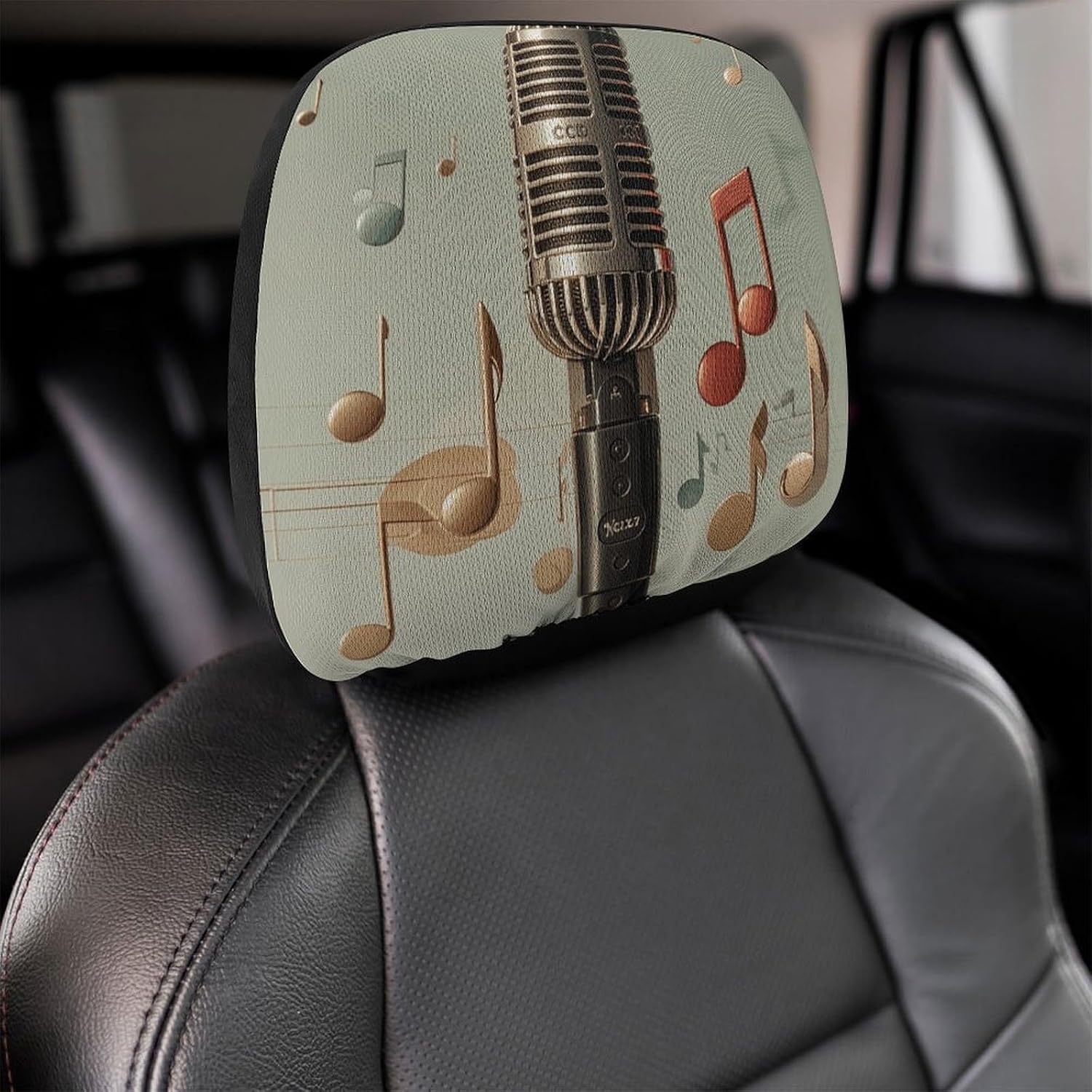 Microphone with Music Note Car Seat Headrest Cover 1 PCS Adjustable Reusable, Auto Interior Seat Accessories Cute Vintage Car Headrest Protector Seats Cover,for Most Cars image 4