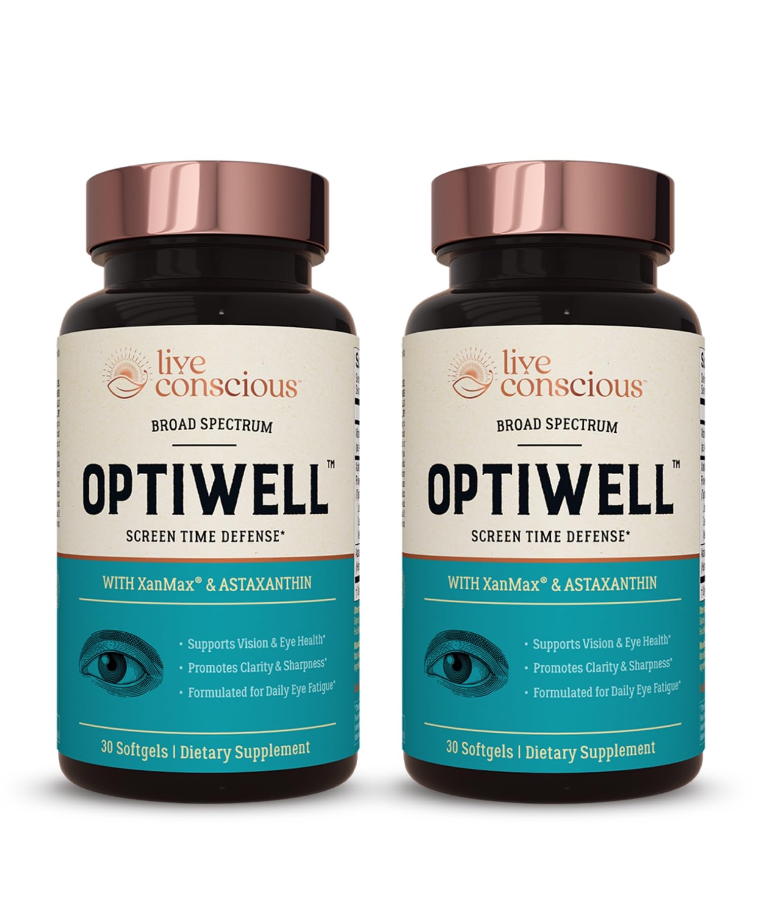 Live Conscious Eye Vitamins Select AREDS 2 Ingredients with Vitamin E, Lutein, and Astaxanthin - OptiWell Eye Health Supplement and Blue Light Support (2 Pack) 30 Count (Pack of 2)