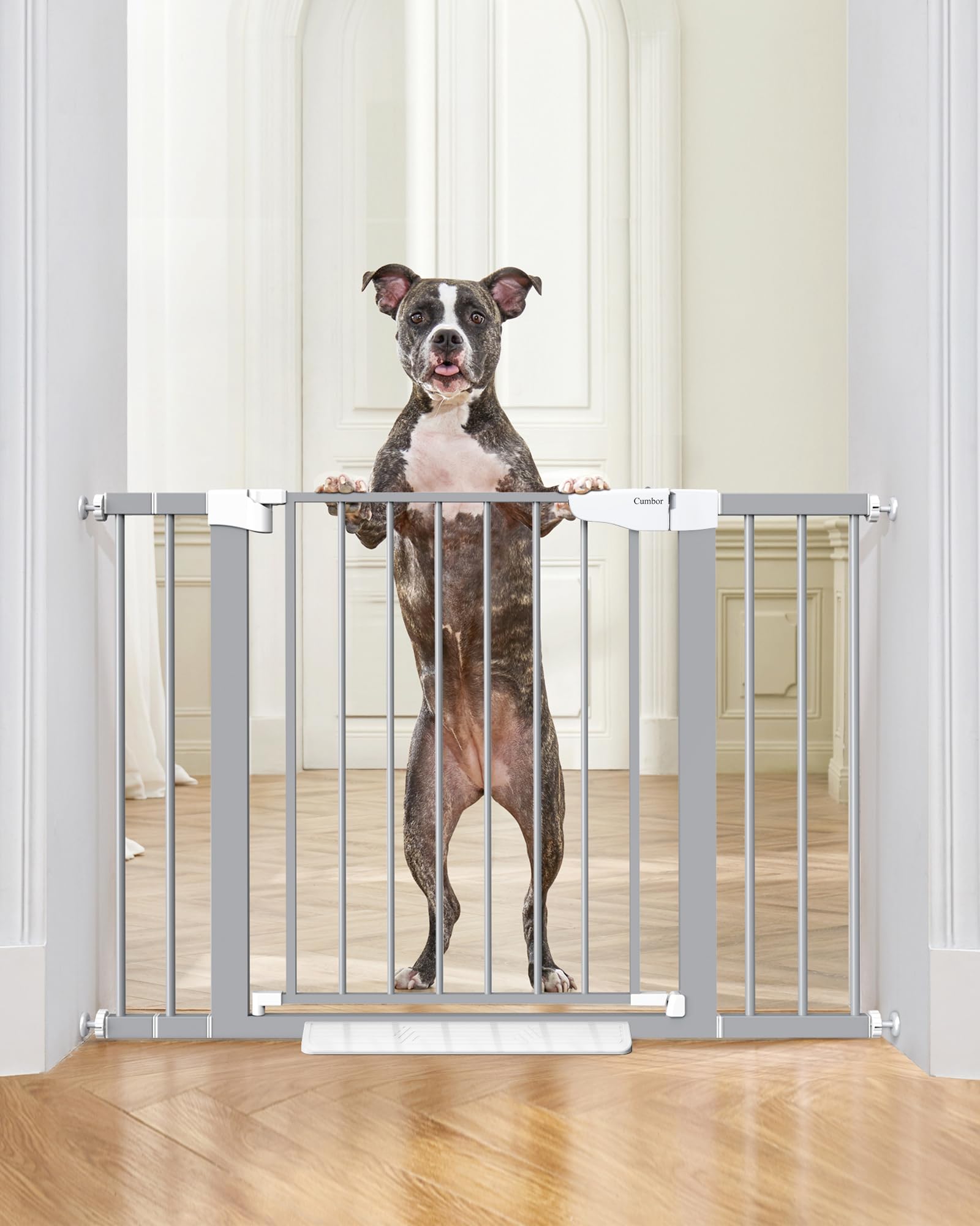 Cumbor 29.5-46" Auto Close Safety Baby Gate, Extra Tall and Wide Child Gate, Easy Walk Thru Durability Dog Gate for House, Stairs, Doorways. Includes 4 Wall Cups and 2 Extension Pieces, Grey