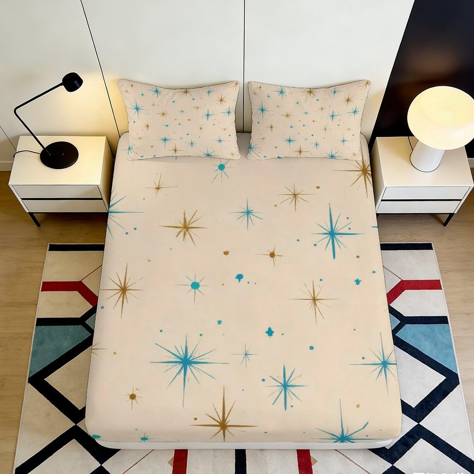 3D Printed Star Pattern Fitted Sheet Microfiber Deep Pocket Non-Slip Bedroom Bedding Starry Mattress Fitted Cover Elastic Hem Washable for Adults Teens 90x200x25cm