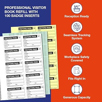 V Safety Professional Visitor Book Refill with 100 Badge Inserts (90 x 60mm) - GDPR Compliant Sign-in System for Reception Areas - 10 Passes per Page with Health & Safety Information