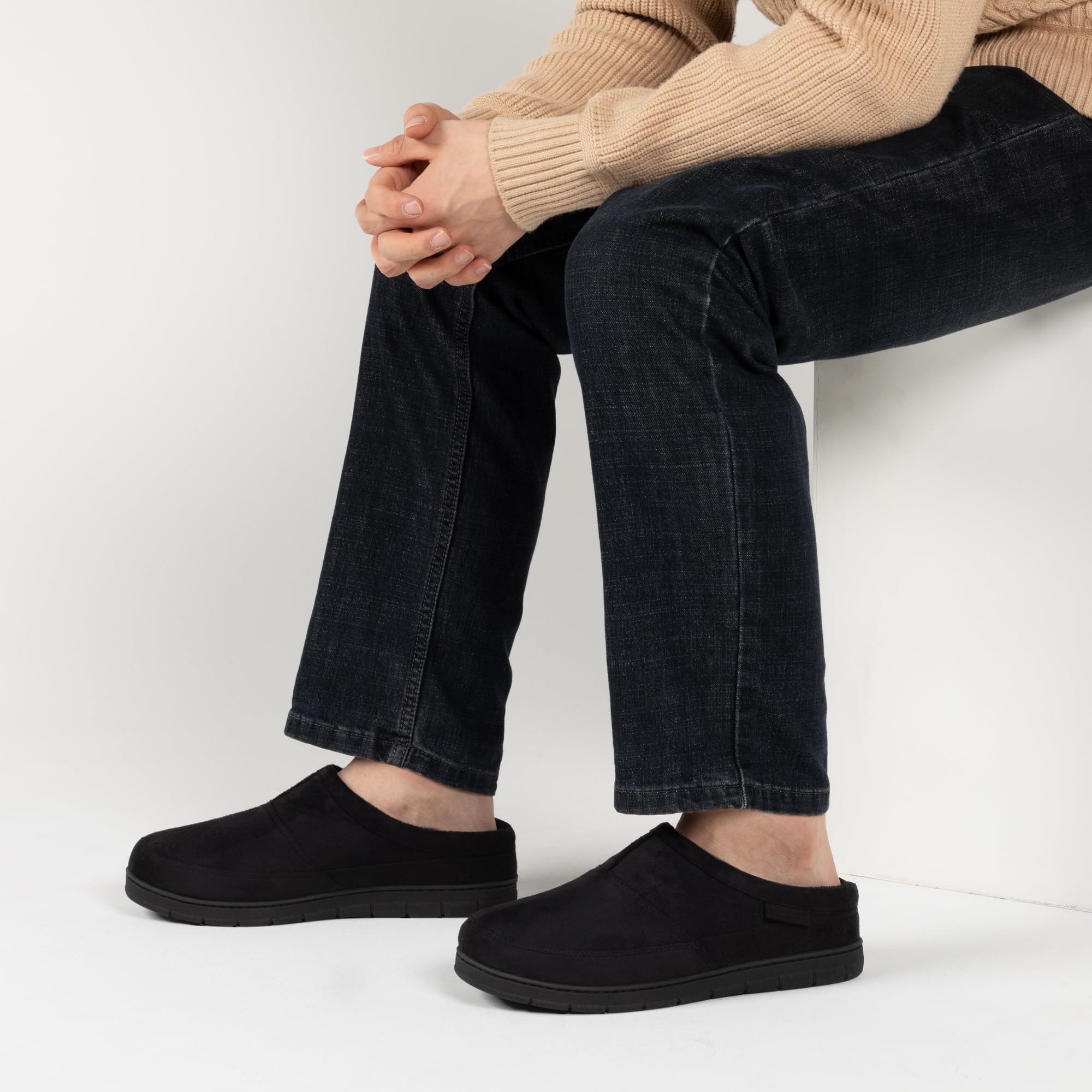 RockDove Men's SoftStride Faux Suede Memory Foam Mule Slipper with Indoor Outdoor Sole, Size 9-10 US Men, Black