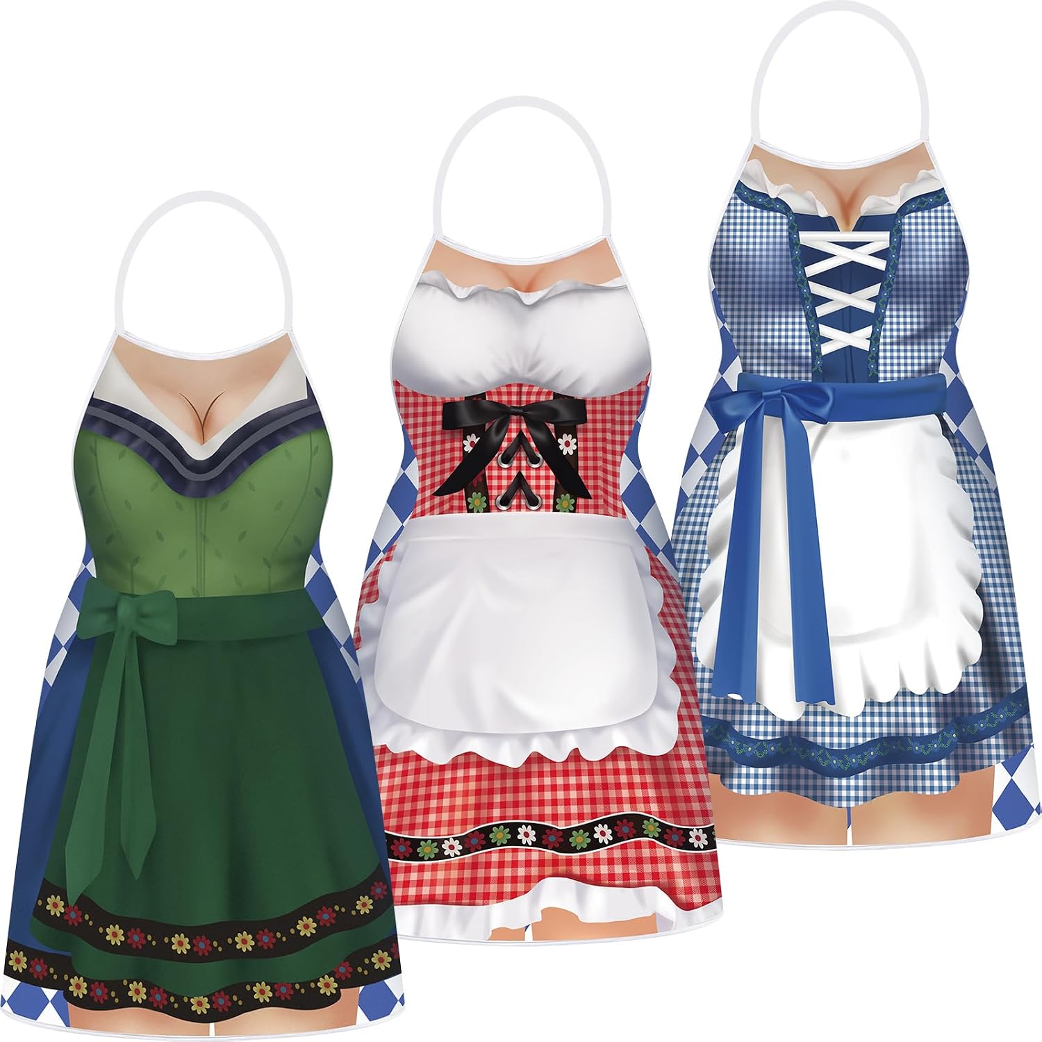 Hillban 3 Pcs Oktoberfest Apron Kitchen Cooking Aprons Couples,Women Bright | Bavarian Dirndl Dress Style with Lace Bodice, Oktoberfest Party Costume for Baking Chef, Adjustable Ties, BBQ Cooking Gift