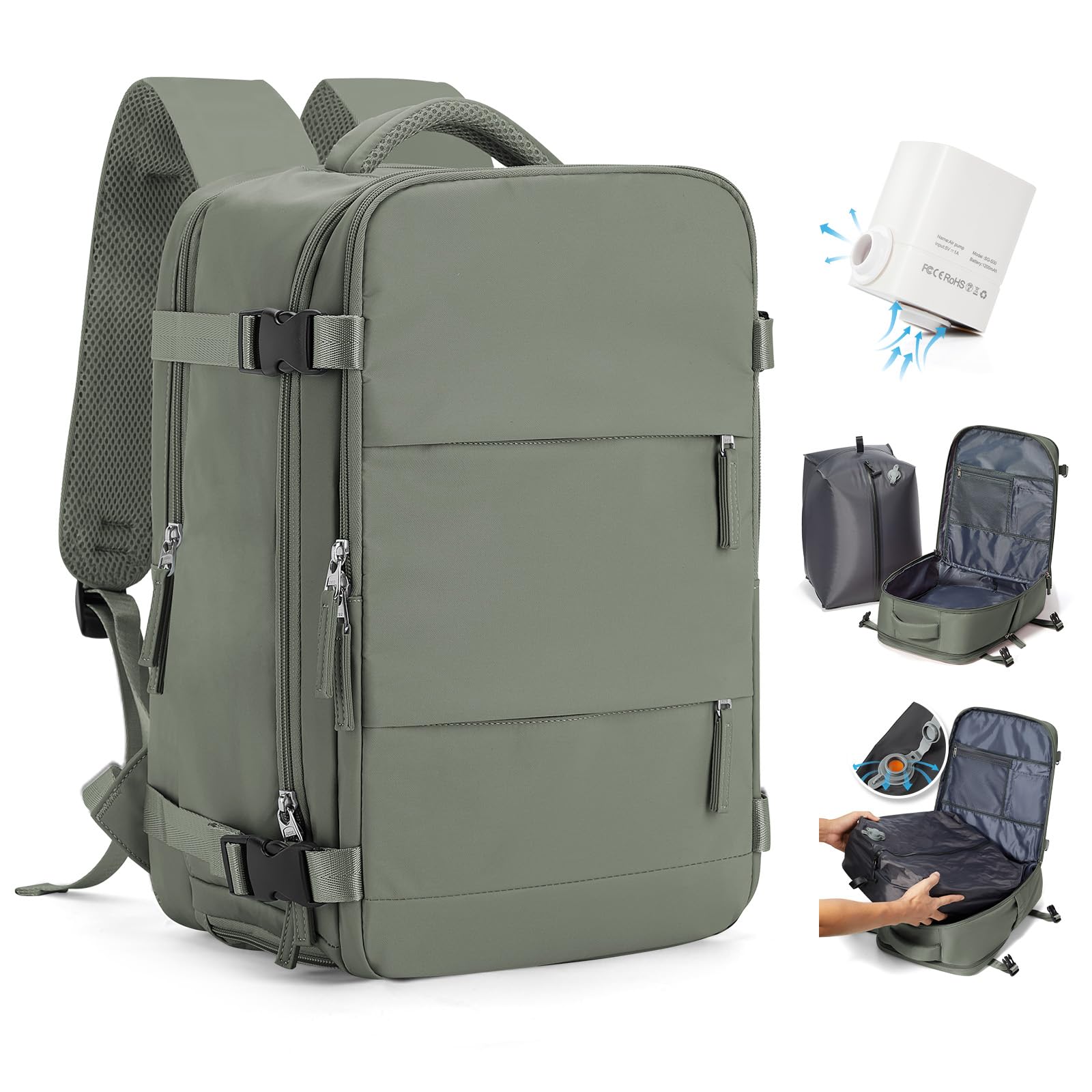 HPLQQ Sac à dos sous vide de voyage 40x30x20 avec pompe pour Ryanair,Cabine Avion Bagage cabine à main avec compression pour homme et femme,Sac airbag avec pompe,H03-Vert