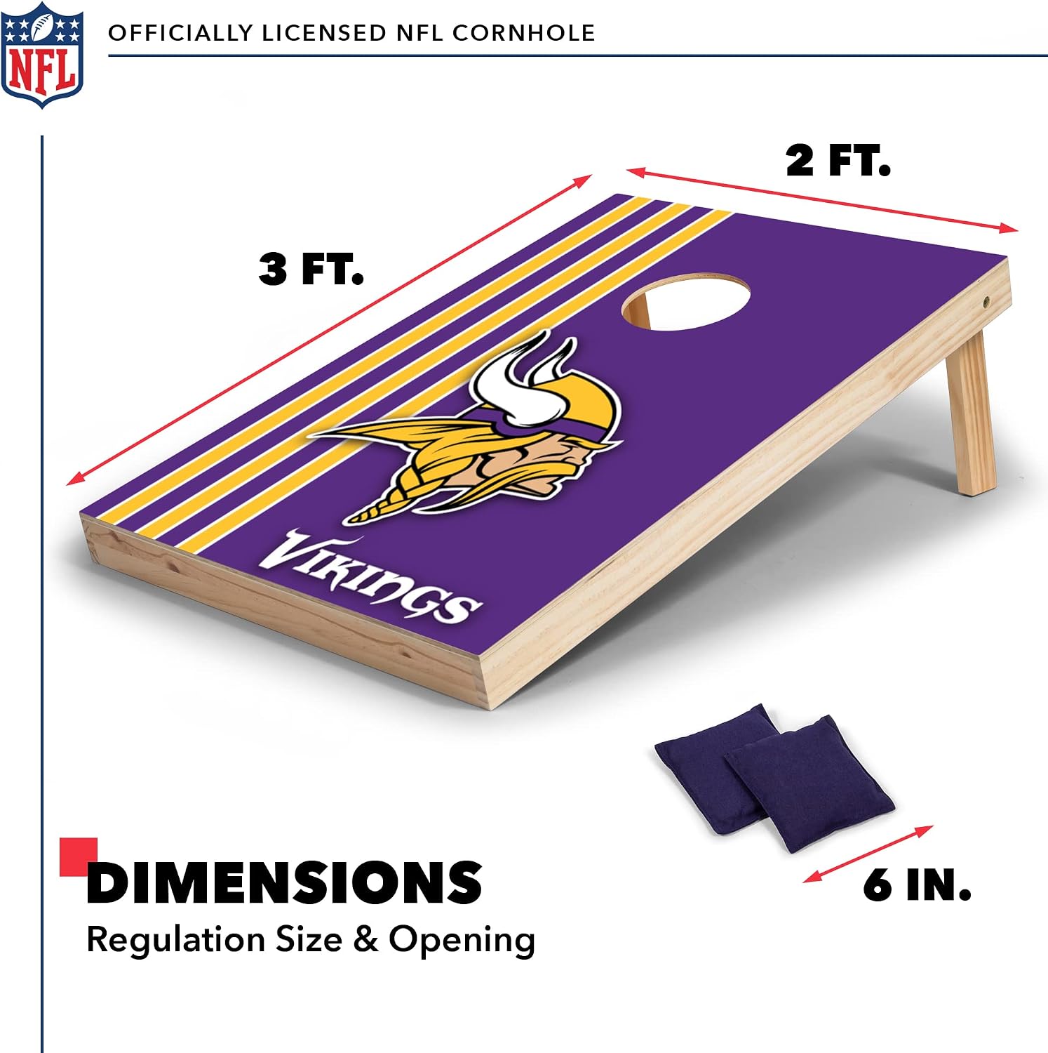 Wild Sports 2' x 3' Solid Wood Cornhole Set with Direct Print HD Team Graphics – Great Gift for Any Football Fan! Bean Bag Toss Family Outdoor Games – NFL Minnesota Vikings