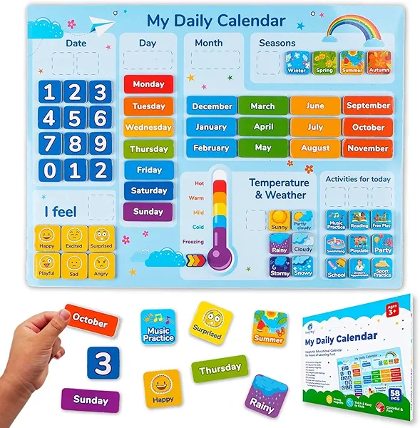 Simply magic 58 PCS Kids Calendar - My First Daily Magnetic Calendar with Weather and Feelings, Days of The Week, All About Today Board – Preschool Learning Chart for Wall or Fridge, Circle Time