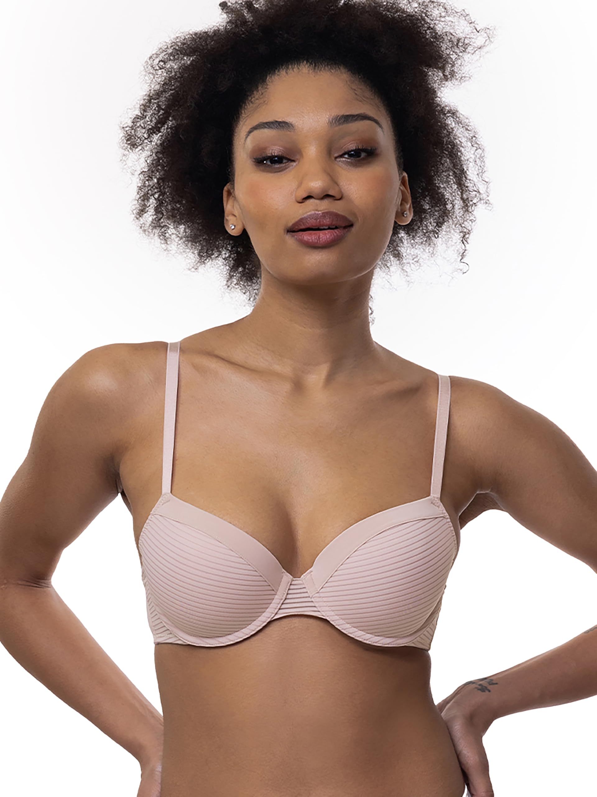 Dorina Comfort T-Shirt BH, 3/4-Schale Damen Leicht Gepolsterter Gestreift Bügel-BH, 2er-Pack, LOUISE/ECO-2PP, Schwarz Beige Rosa Elfenbein