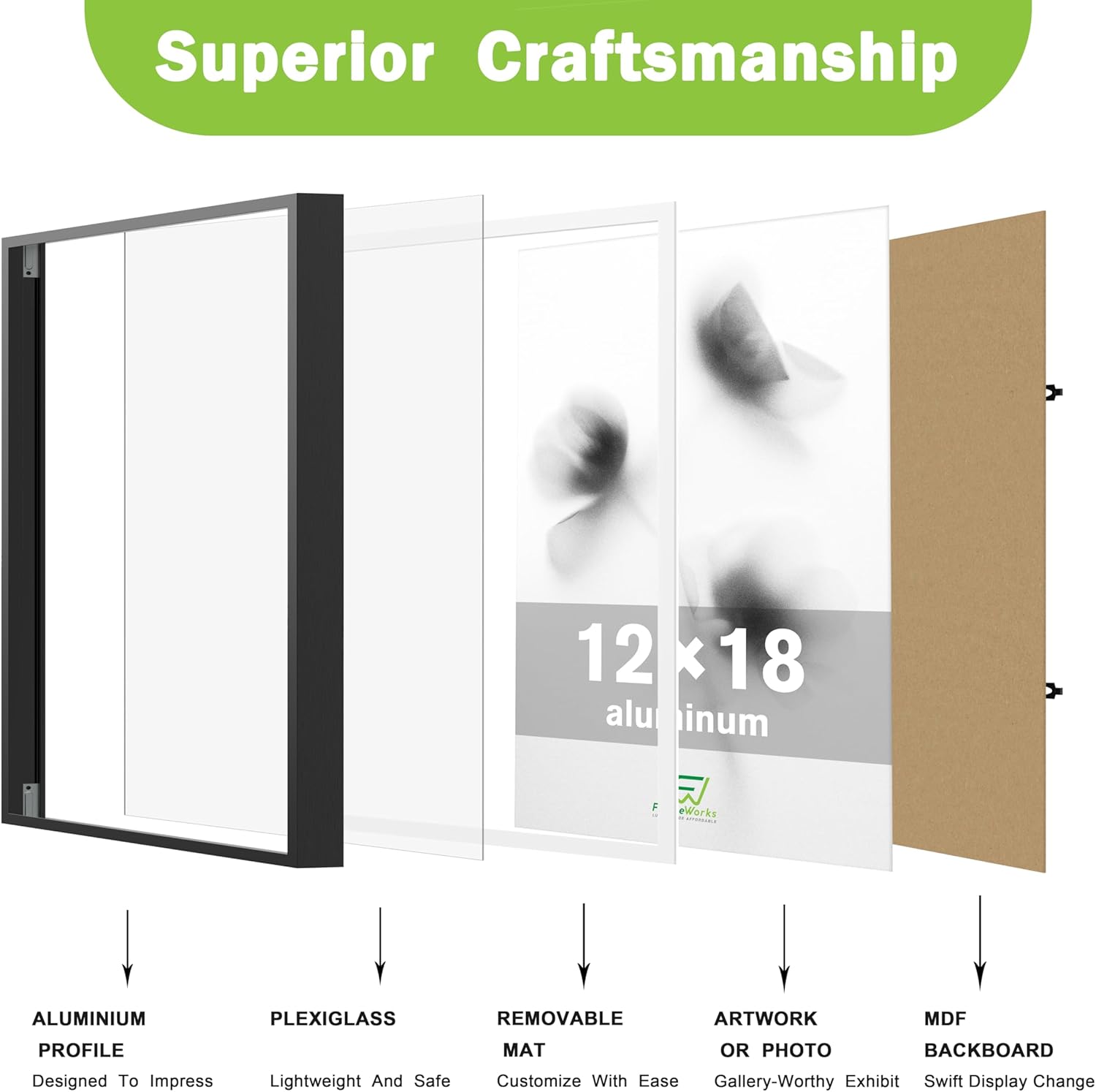 FrameWorks 18x24 Brushed Aluminum Poster Frames – Modern Brushed Metal Design w/Shatterproof Plexiglass, Perfect for Posters, Artwork, Paintings, Wall Displays – Home or Office Decor, Black - 1 Pack