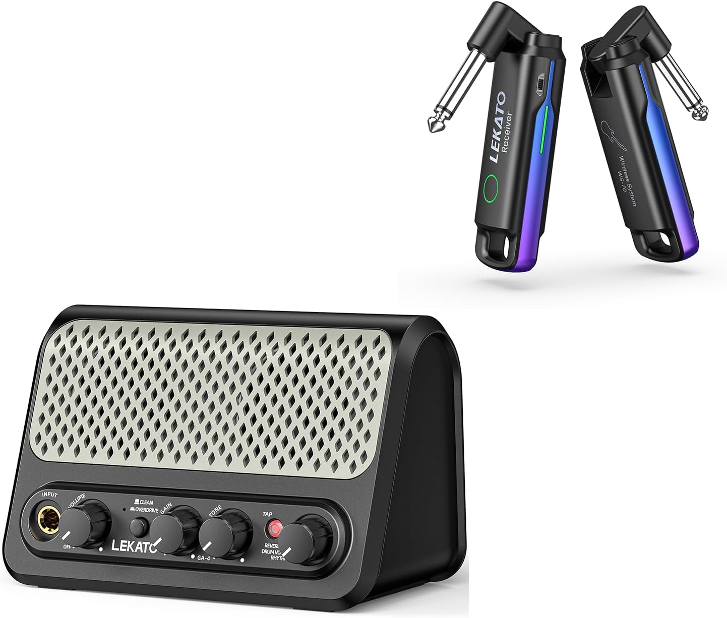 LEKATO Mini Guitar Amp with 30 Drum Patterns & Wireless Guitar System UHF Wireless Guitar Transmitter Receiver