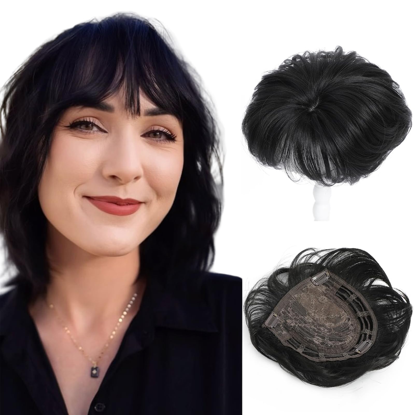 Hair Topper for Women Short Bob with Bangs &Side Part 360° 3D Cover 6.5x6.5 Inches Synthetic Topper Pieces Natural Look Wig for Thinning Grey Hair (Black)