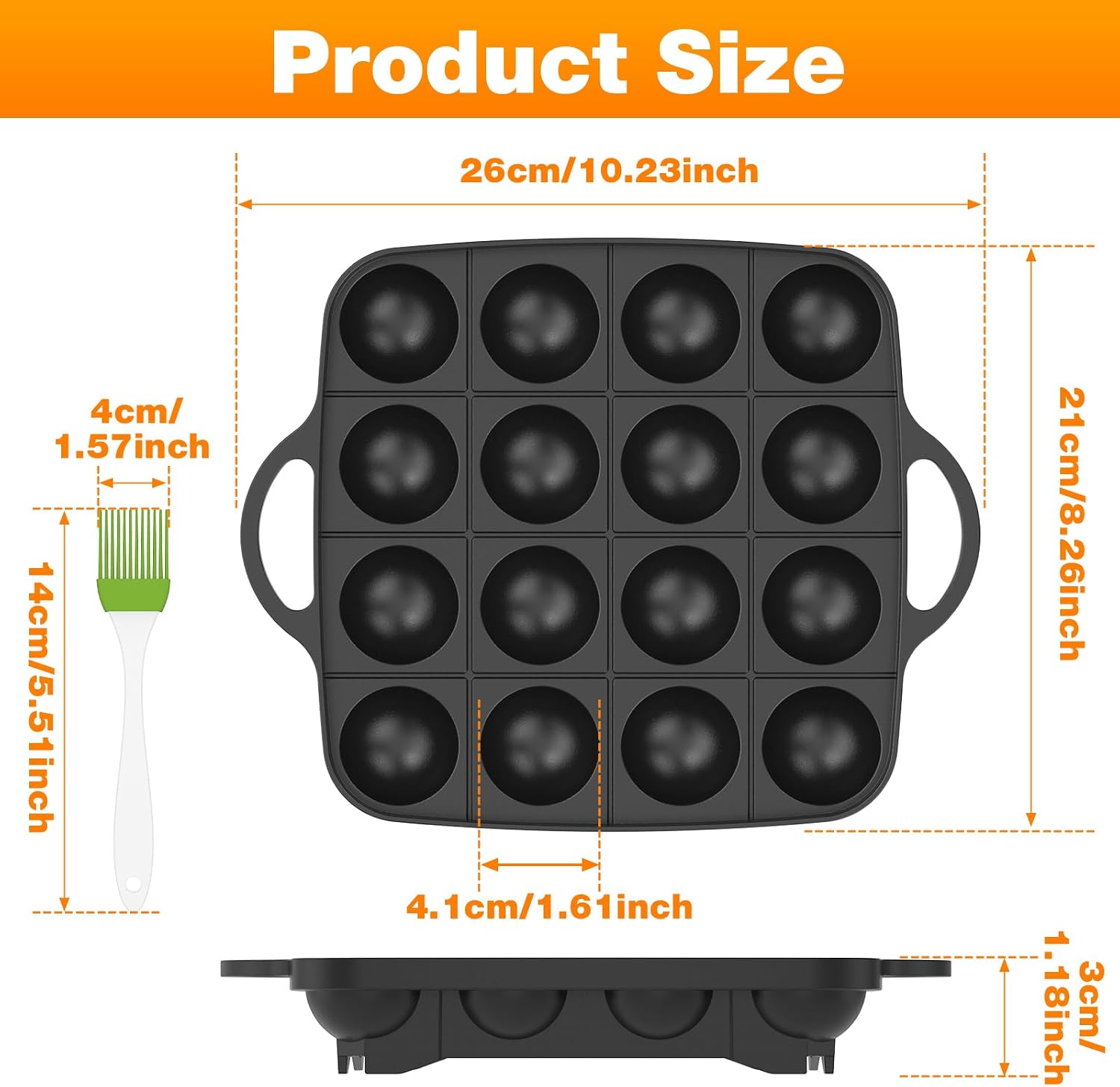 16-Hole Nonstick Takoyaki Pan - Lightweight Cast Aluminum Octopus Ball Maker with Oil Brush, Portable Pancake Ball Grill for Gas Stoves & Camping, Ideal for Aebleskiver & Dessert Meatballs