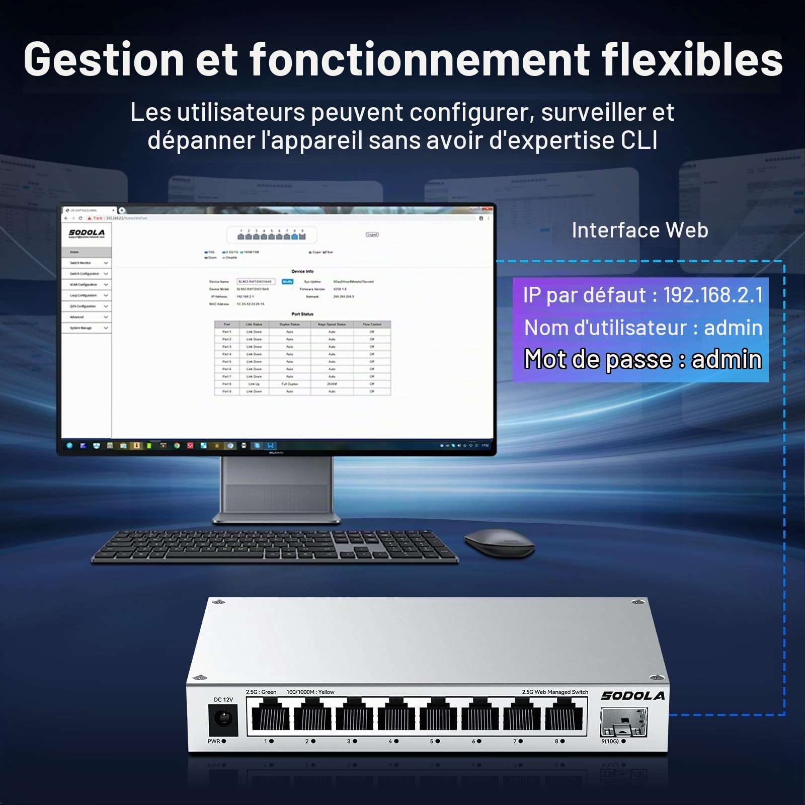 SODOLA Switch 2.5 Gigabit 8 Ports, avec 1 Port SFP+ 10G, Géré par Web | sans ventilateur, fixation magnétique, LACP/QoS/VLAN/IGMP, adapté aux homelabs et réseaux professionnels