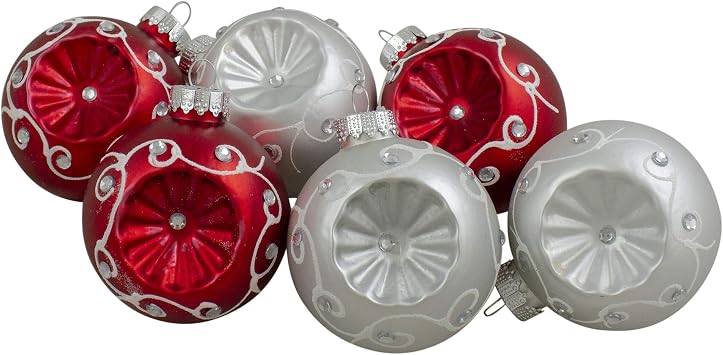 Jewel Retro Reflector Glass Christmas Ball Ornaments - 3.25" 82mm - Red and Silver - 6ct