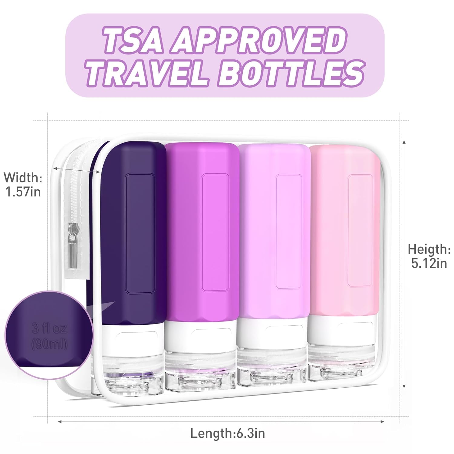 Redfly Travel Bottles for Toiletries, Tsa Approved 3oz Travel Size Containers, Leak Proof Travel Size Toiletries Bottles Silicone, BPA Free Refillable Shampoo Conditioners Essentials Kit, Purple