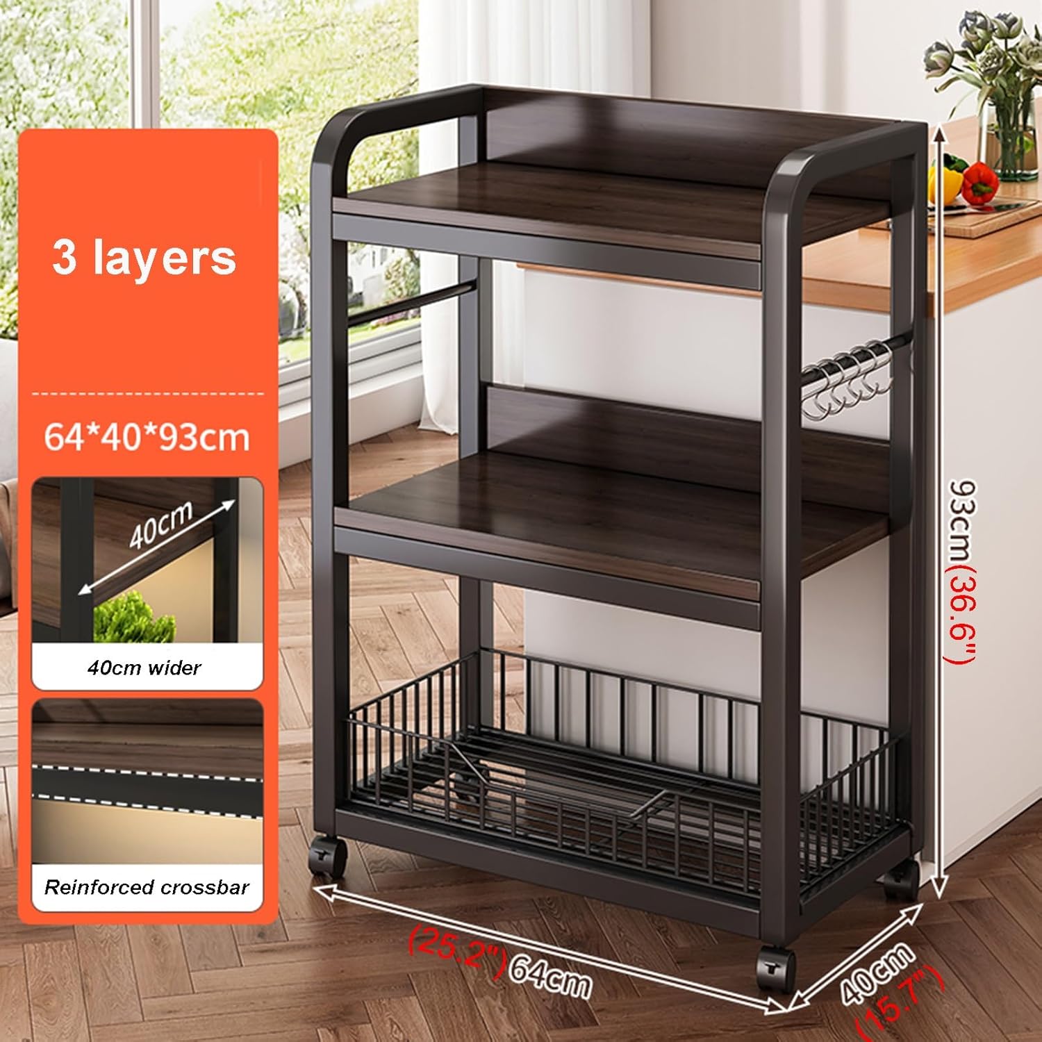 Mobile Shelf with Universal Pulleys Multi-functional Kitchen Storage Rack Multi-layer Storage Trolleys Three Sides of the Raised Fence for Organisation and Storage Shelves Suitable for Kitchen Living