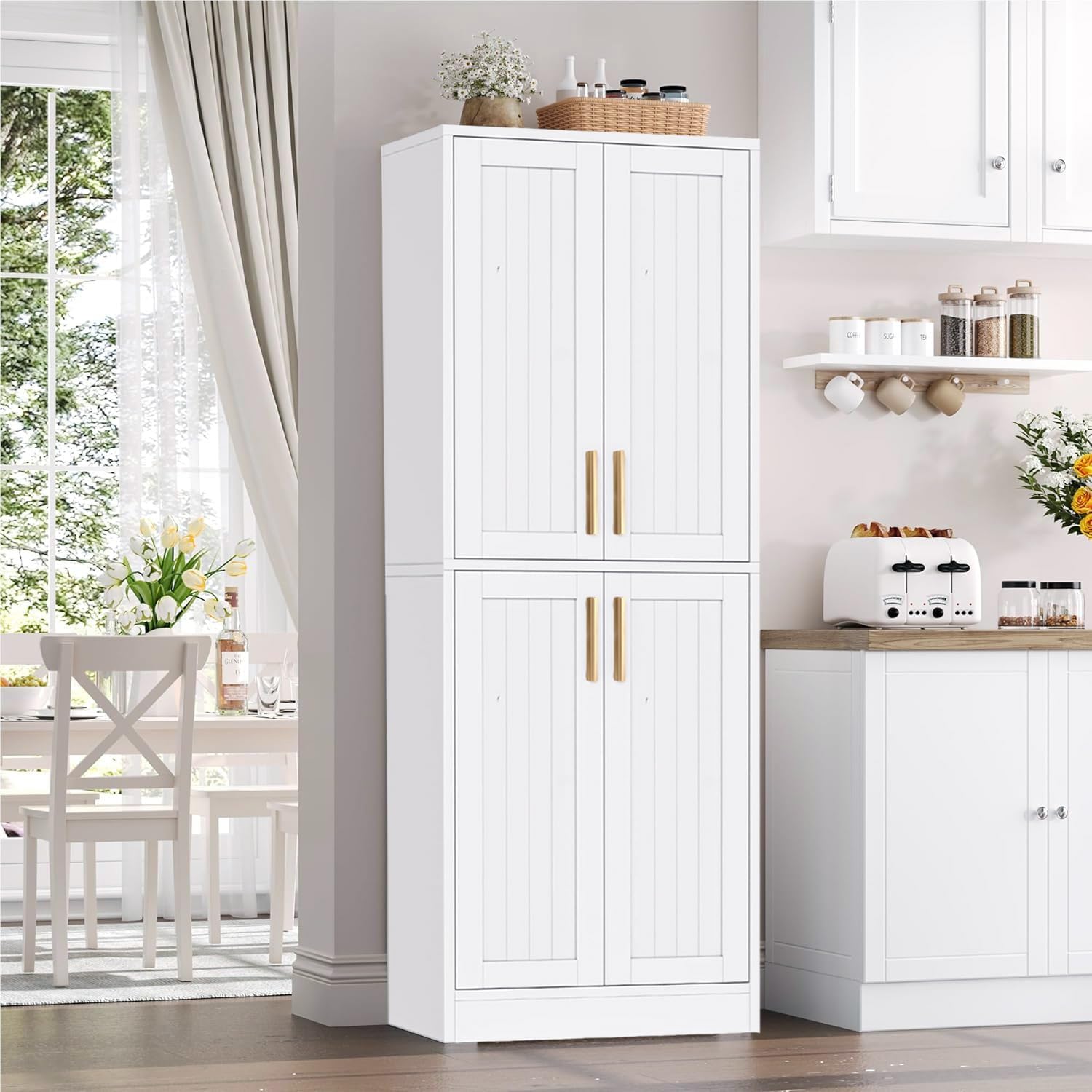 Kitchen Pantry Cabinet, Tall Storage Cabinet with Adjustable Shelves and 4 Doors, Farmhouse Freestanding Cupboard Hutch for Dining Room Living Room, Laundry, White